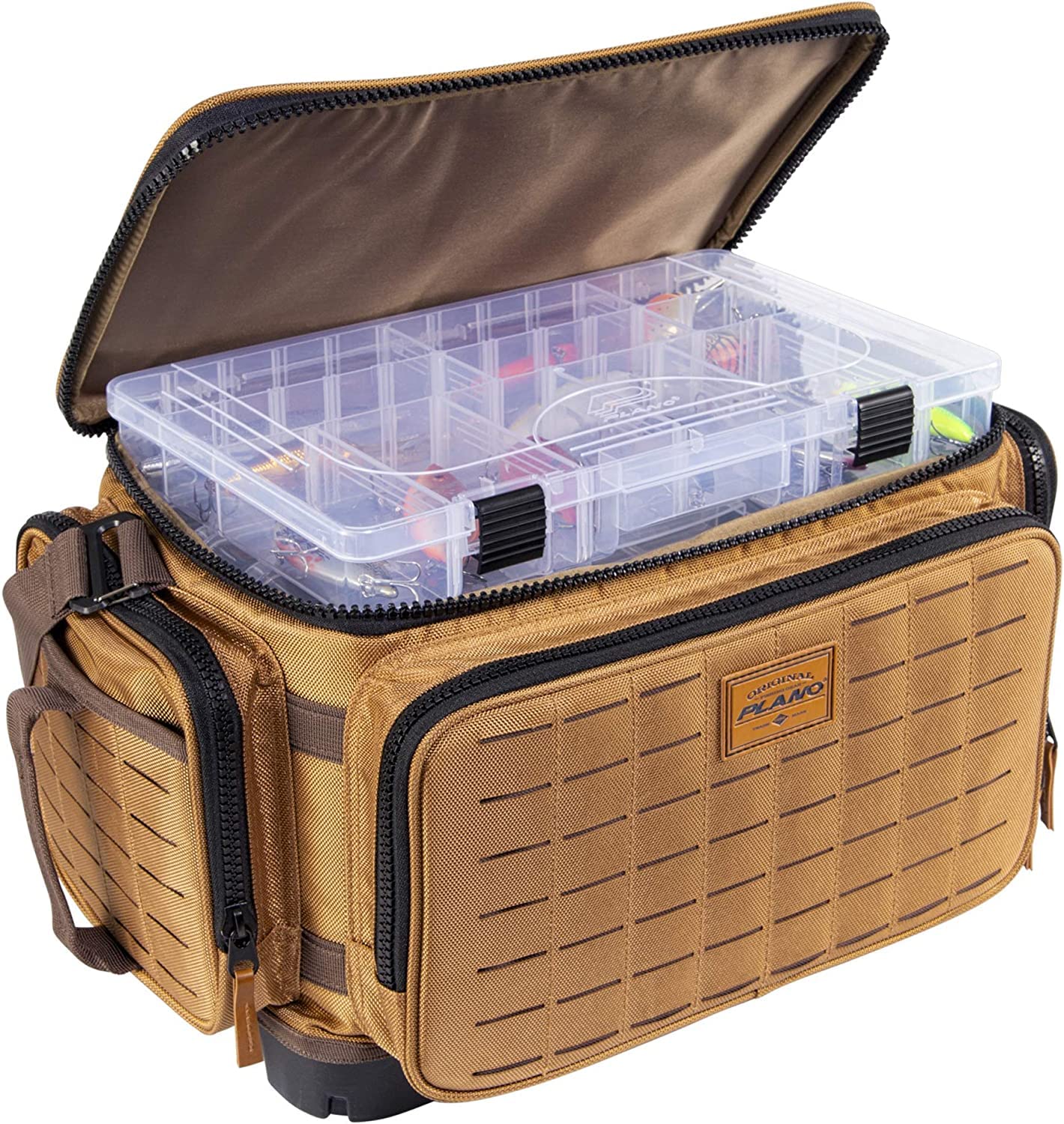 Plano Guide Series Tackle Bag - Premium Fishing Tackle Storage with No-Slip Base & Included Stows | Khaki/Brown/Black Trim | Ideal for Bass Fishing, Boat Trips & Outdoor Adventures