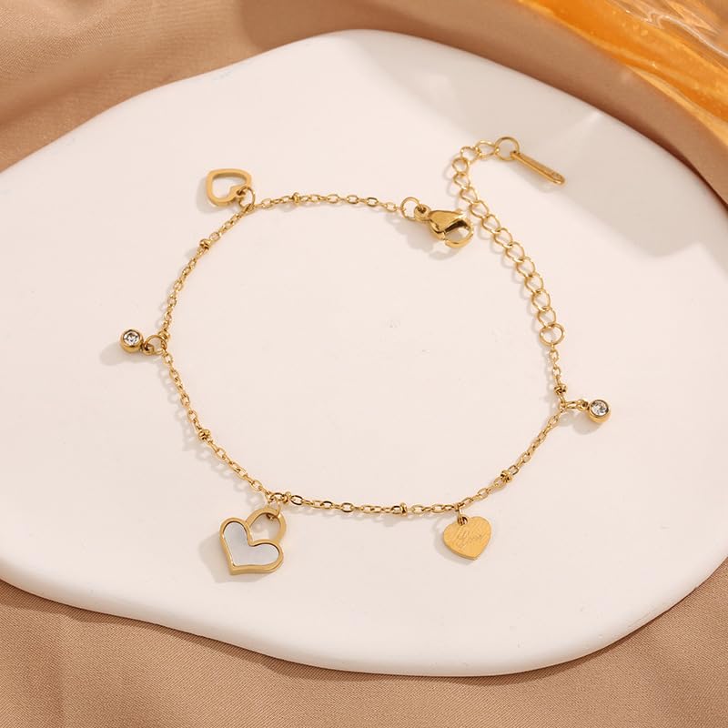 14K Gold Plated Heart Charm Cubic Zirconia Bracelet - Valentine's Day, Birthday Gift for Women, Girlfriends, Wives, Daughters | Elegant Jewelry for Date Night, Anniversary & Special Occasions