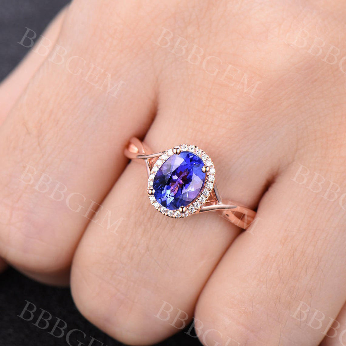 Oval Tanzanite Engagement Ring with Diamond Halo in Rose Gold – Elegant Bridal Jewelry for Weddings & Proposals