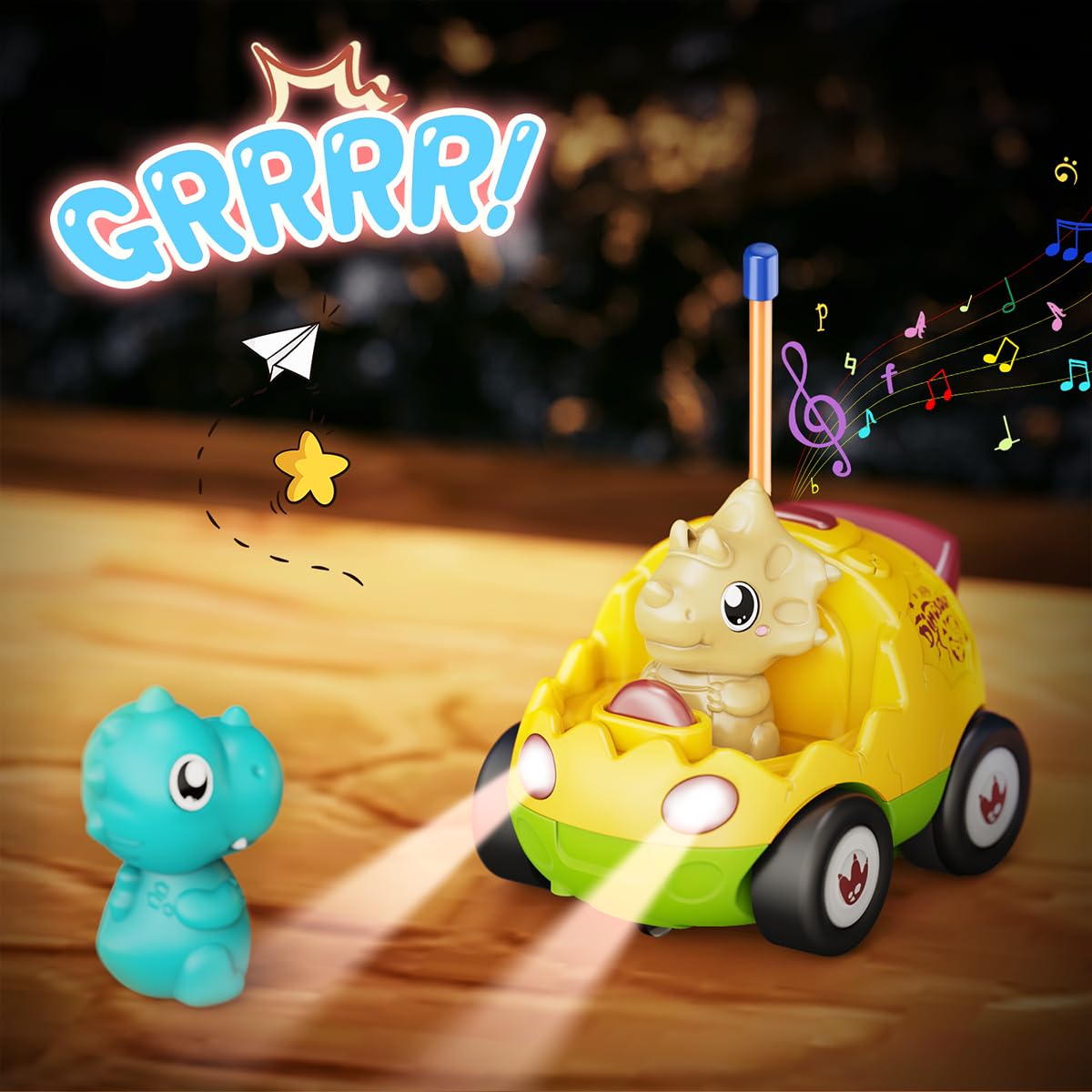 2 Pack Remote Control Dinosaur Toy Cars for Kids Ages 2-6 - RC Cars with Music, Lights & Sound Effects | Birthday Gift for Boys & Girls (Yellow & Green) | Indoor Play, Outdoor Adventure & STEM Learning Toys