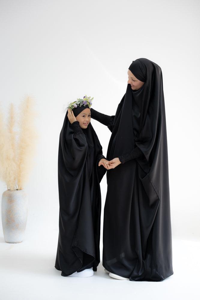 Gretaah Khimar Style Prayer Gown with Ribbed Sleeves & Lace Cuff - Black Islamic Prayer Dress for Women - Perfect for Salah, Mosque Worship & Religious Ceremonies