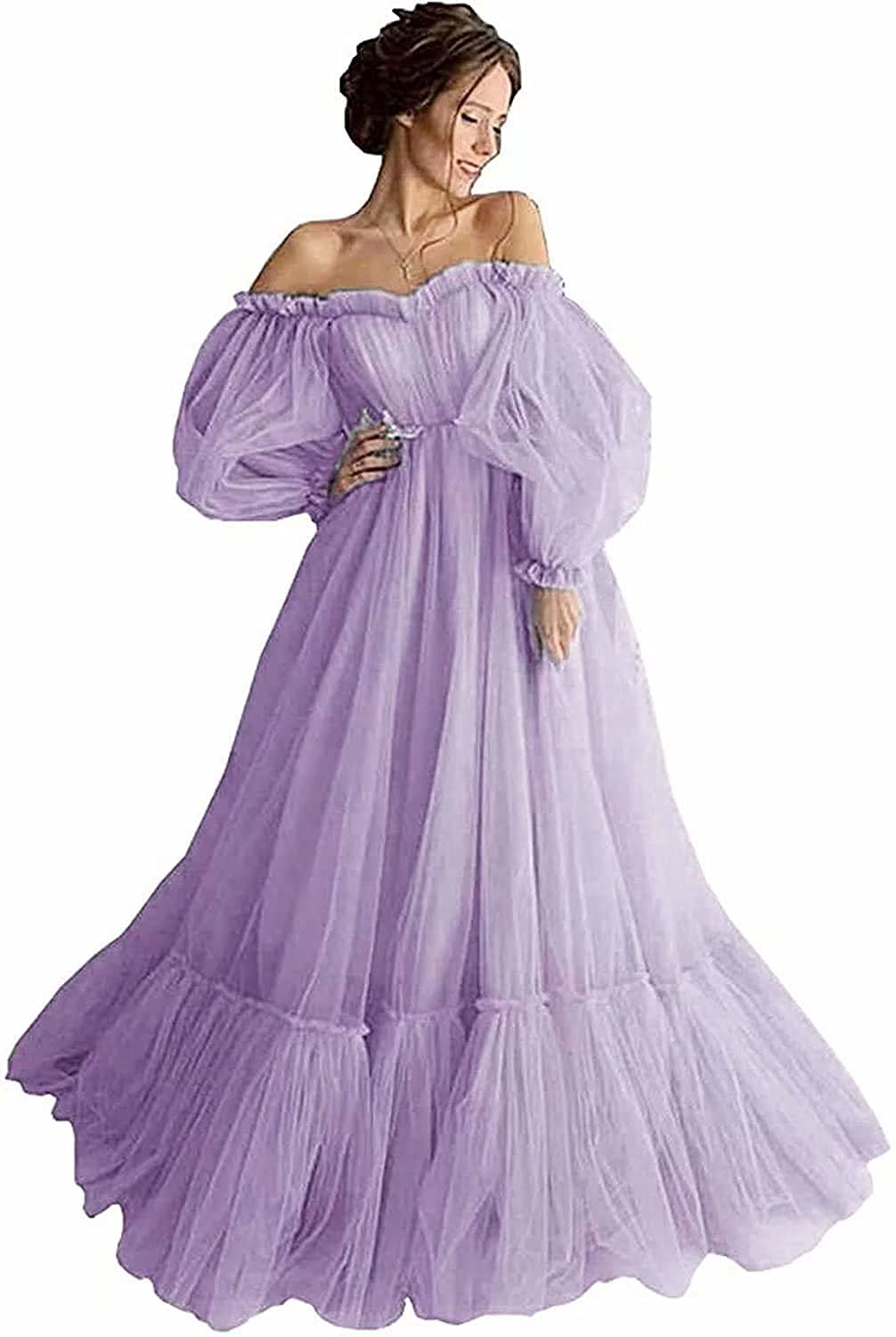 Elegant Off Shoulder Long Ruffle Sweetheart Tulle Prom Dress with Puffy Sleeves - Women's Ball Gown for Homecoming, Wedding, Party & Special Occasions