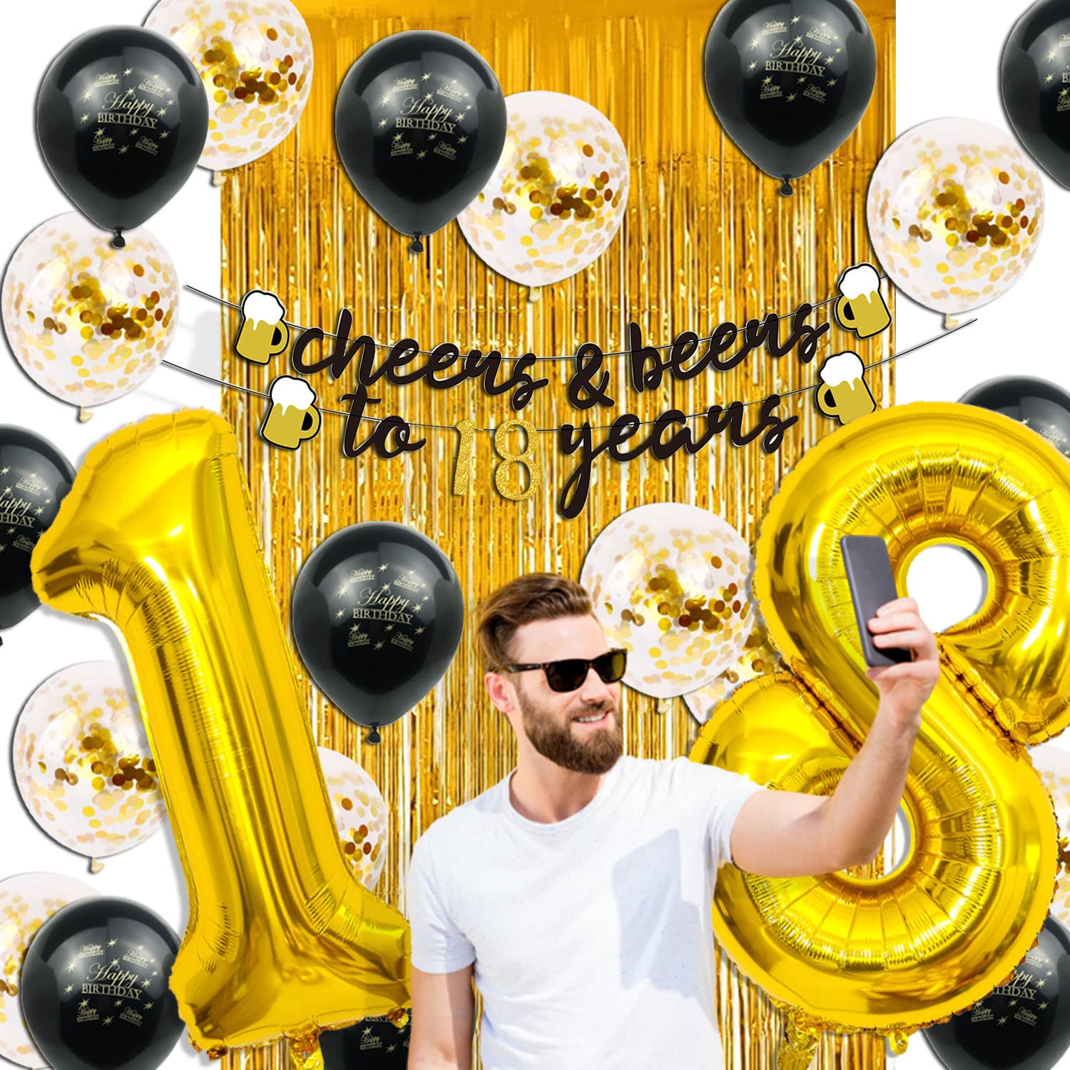 18th Birthday Party Decorations for Boys - 40 Inch Gold Number 18 Balloons, Cheers to 18 Years Banner, Fringe Curtains & Foil Cup Balloons Set - Perfect for Teen Birthday Celebrations, Graduation Parties & Milestone Events