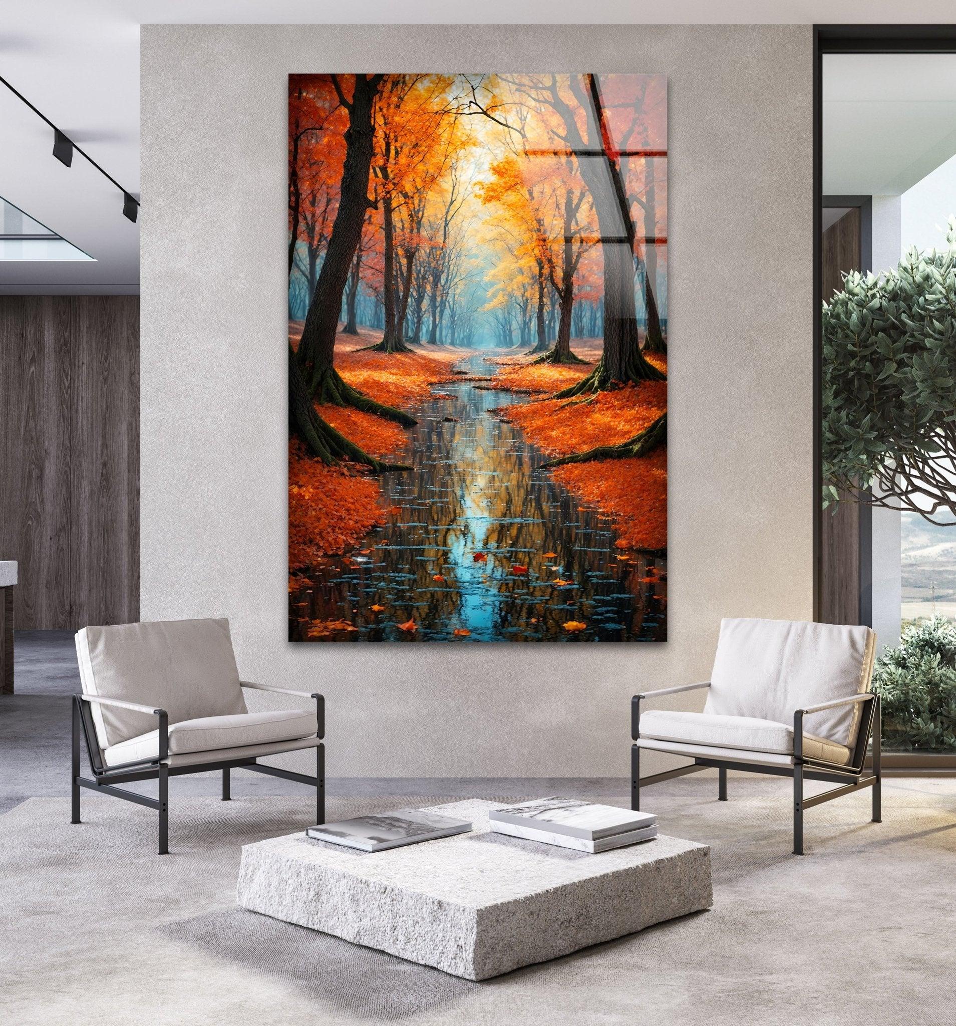Stunning Fall Forest Art Print on Glass - Autumn Pathway Reflections Wall Decor for Living Room, Bedroom & Office