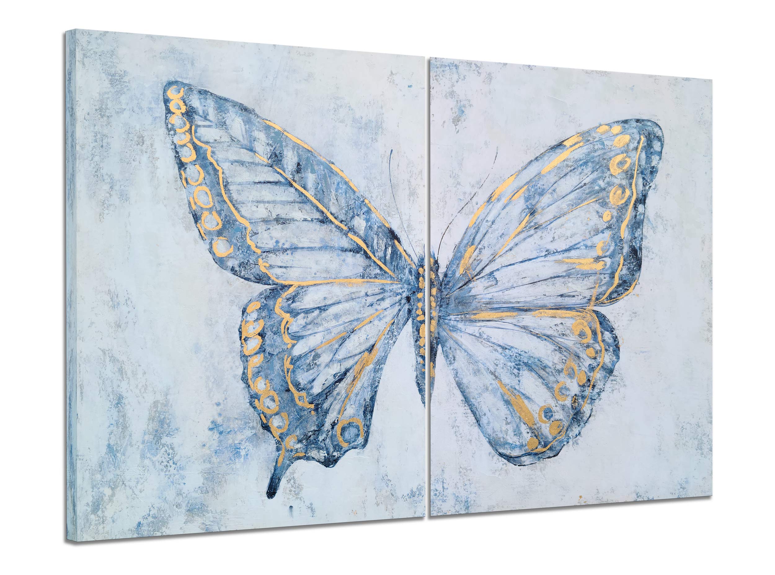 Hand Painted Blue & White Butterfly Canvas Wall Art Set of 2 - Modern Abstract Animal Paintings with Gold Foil Accents | Perfect for Living Room, Bedroom, Bathroom & Nursery Decor | Home & Office Wall Decorations