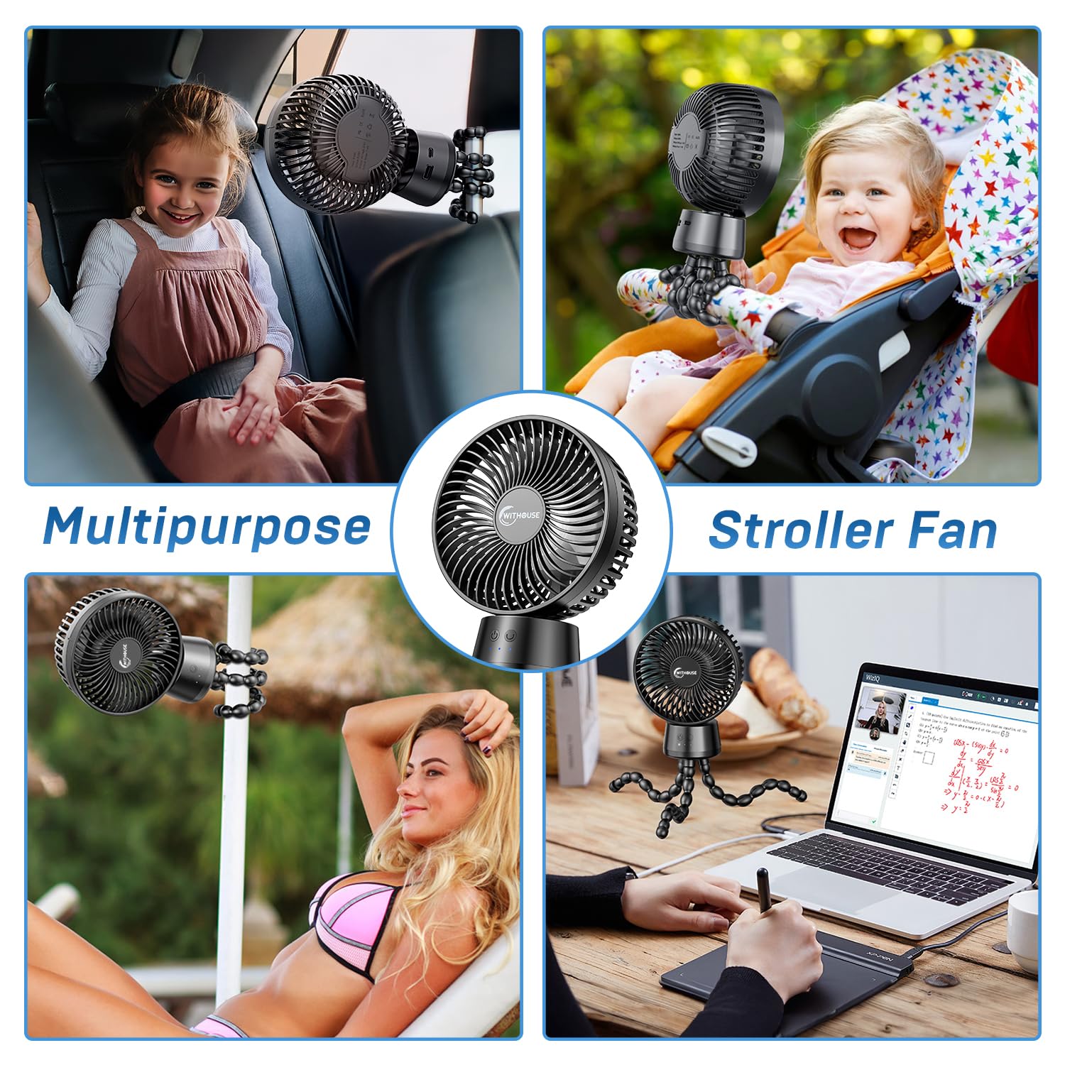 20000mAh Portable Stroller Fan with Power Bank & LED Light - 120° Auto Oscillation, Detachable Tripod, Rechargeable Battery - Perfect for Baby Crib, Car Seat, Travel, Office & Home Use