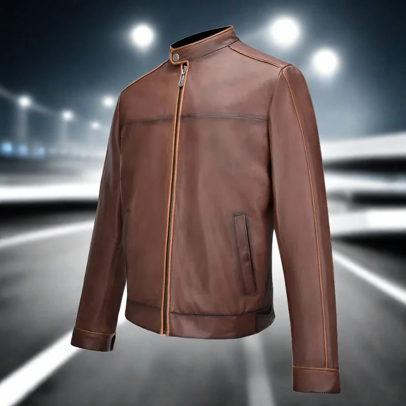 Men's Cuadra Brown Casual Fashion Lambskin Leather Racer Jacket - Stylish Motorcycle Biker Jacket for Everyday Wear & Outdoor Adventures