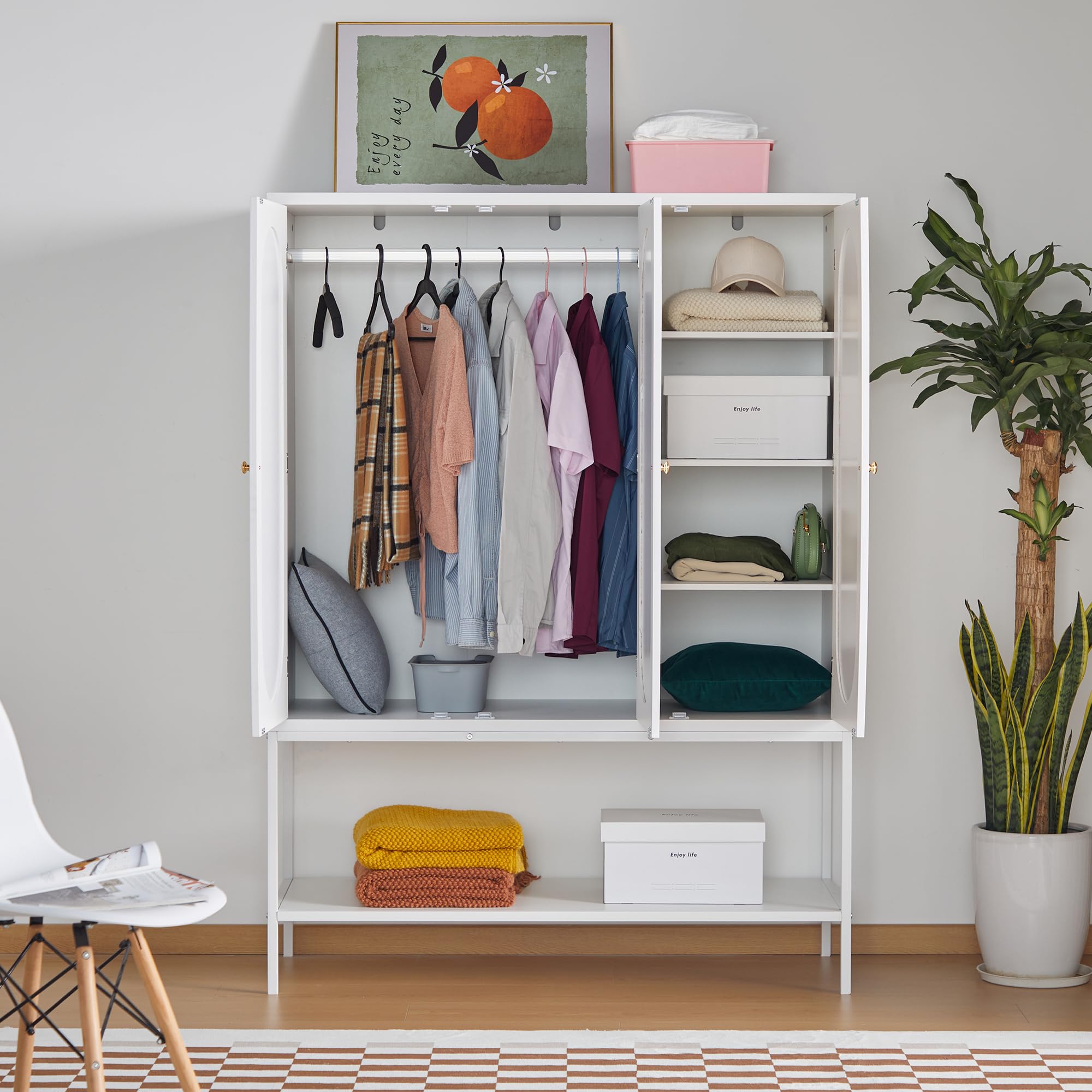 Freestanding Rattan Wardrobe Closet with Storage Cubes & Hanging Rod - 3-Door White Cabinet for Bedroom Organization | Perfect for Small Spaces, Apartments & Dorm Rooms