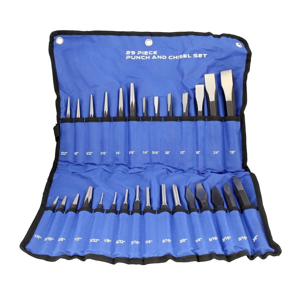29-Piece Cold Chisel Set - Automotive Punch & Chisel Tool Kit for Metalworking, Woodworking & DIY Projects - Heavy Duty Steel Construction for Professional Use
