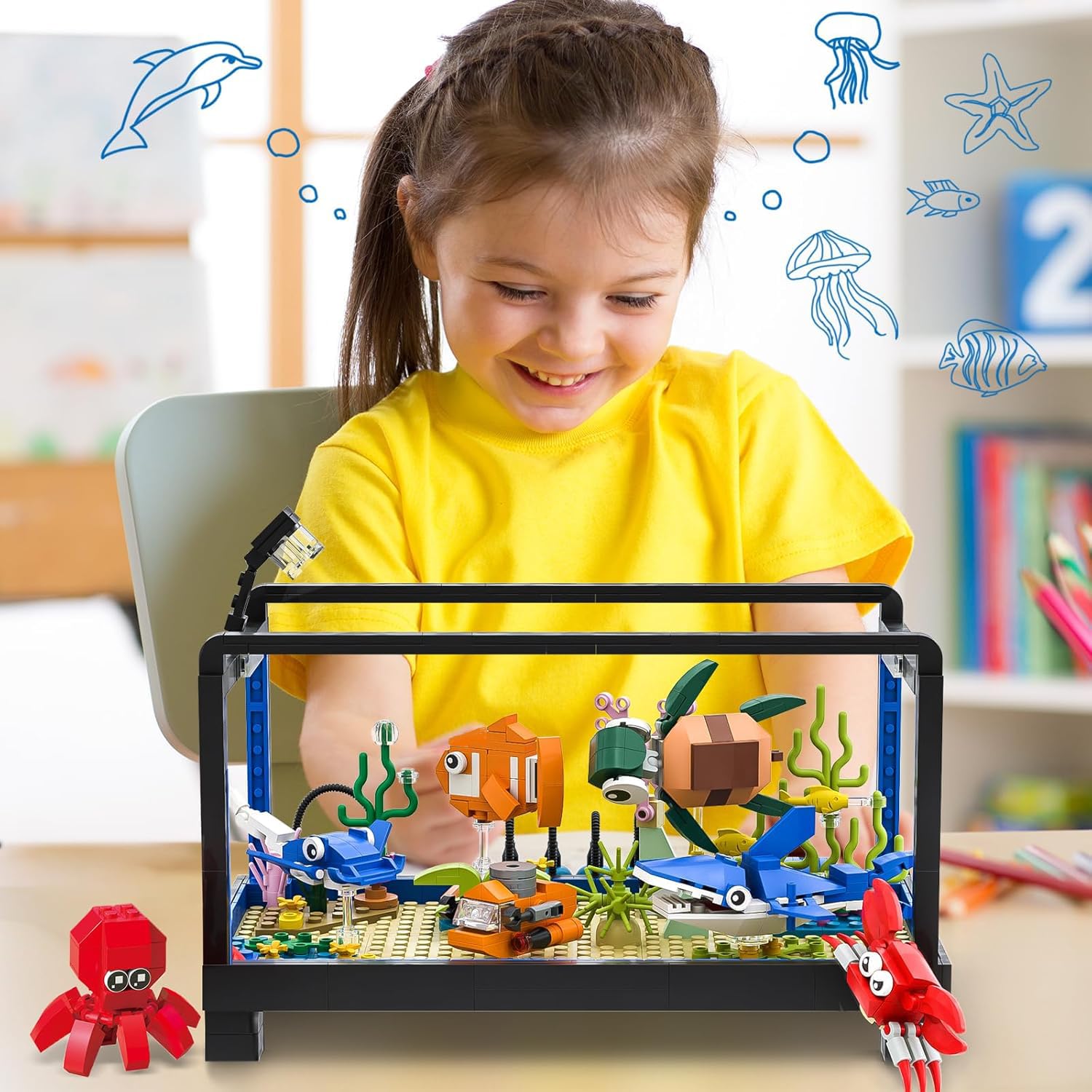 LEGO-Compatible Aquarium Building Set with Marine Life Animals & Creative Lighting - 625Pcs Educational STEM Toy for Kids Ages 6-12 | Fish Tank Model with Submarine for Home Decor & Playtime Learning