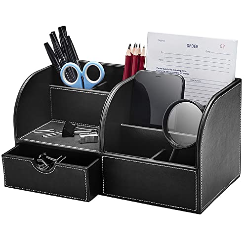Premium GALLAWAY LEATHER Desk Organizer Caddy - Large Black Office Stationery Storage Box for Business Cards, Pens, Pencils & Mobile Phones | Stylish Men's Desk Accessories for Home & Office Organization