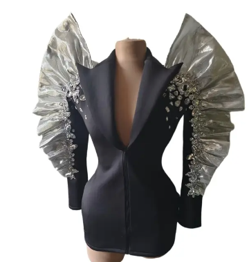 Sparkly Rhinestone Long Blazer Black Dress for Women - Elegant Party Gown, Stage Performance Outfit, Prom Night & Evening Wear