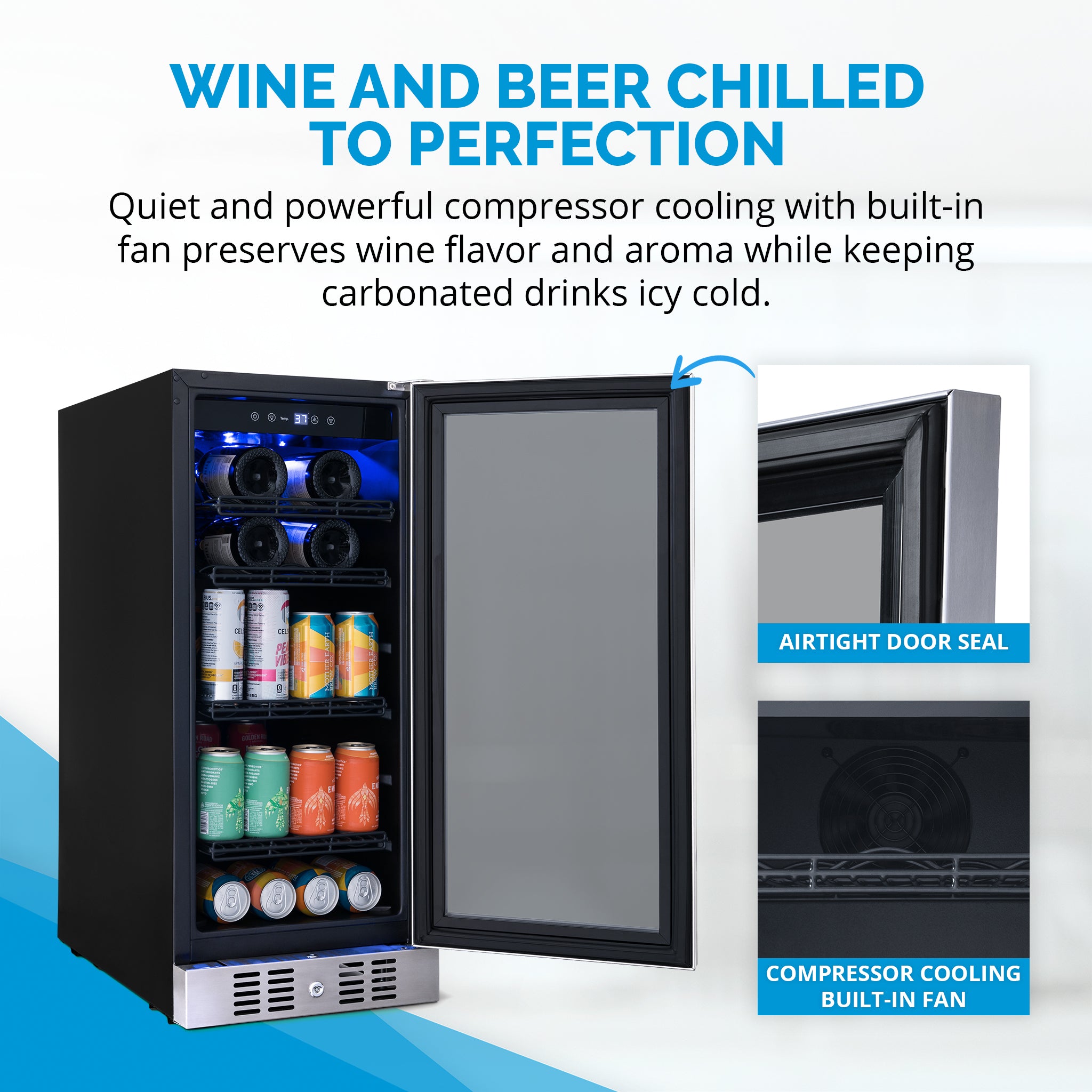 Newair® 80 Can 33 Bottle Stainless Steel Beverage Refrigerator - Built-In Cooler for Beer, Wine & Soda - Perfect for Home Bar, Office & Man Cave