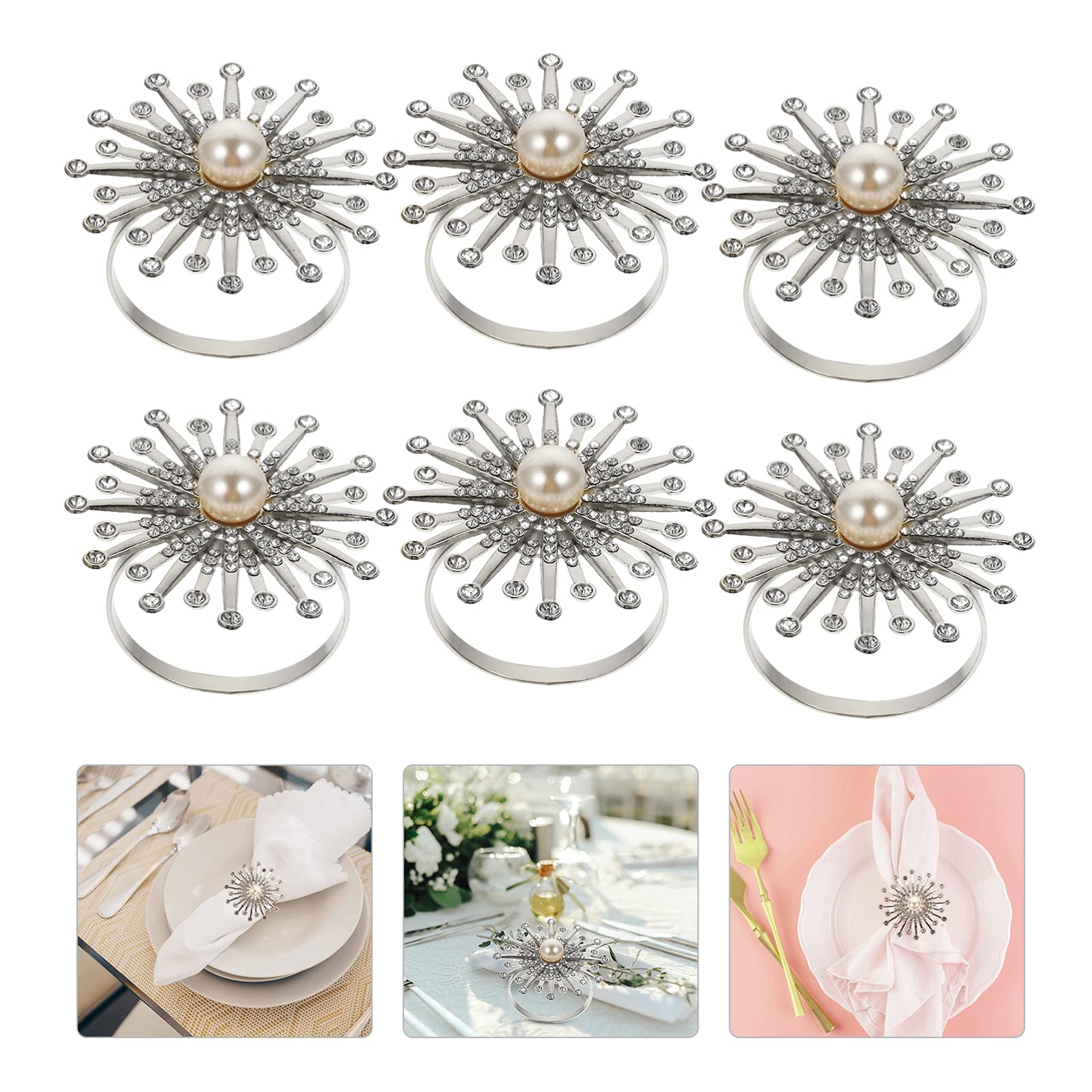 6pcs Sunflower Pearl Napkin Rings Set - Elegant Floral Napkin Holders for Wedding, Banquet & Dinner Table Decor - Perfect for Holiday Parties, Hotel & Restaurant Table Settings