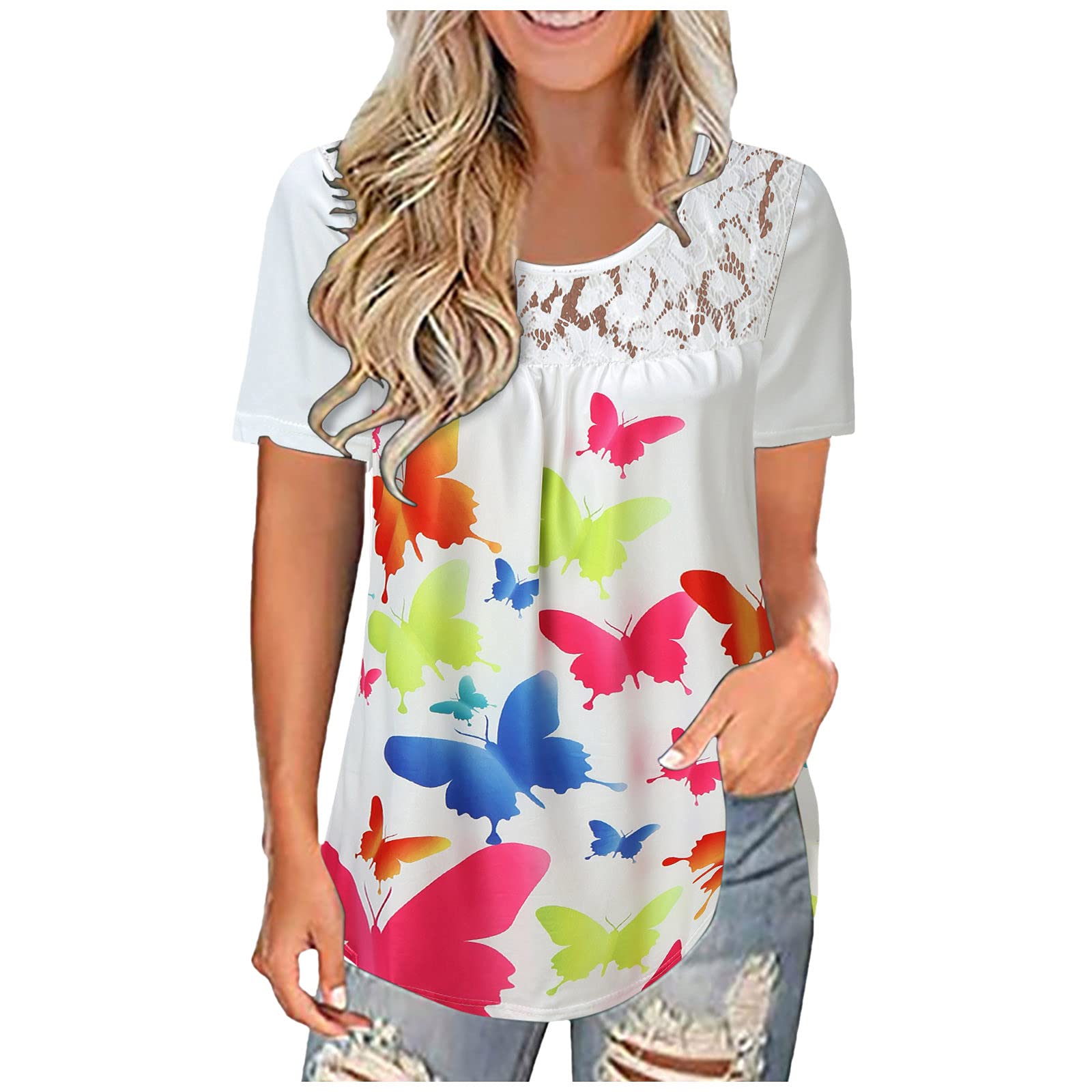 Women's Cotton Lace Print Short Sleeve T-Shirt - Fashion O-Neck Blouse Top for Casual Wear & Summer Outfits
