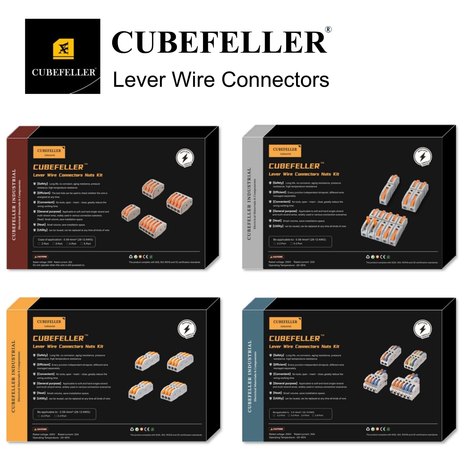 CUBEFELLER® 60pcs Lever Wire Connectors - 24-12 AWG Splicing Connectors for Solid & Stranded Wires, Compact 1 Conductor Electrical Connectors | Ideal for Home Wiring, DIY Projects & Electrical Repairs