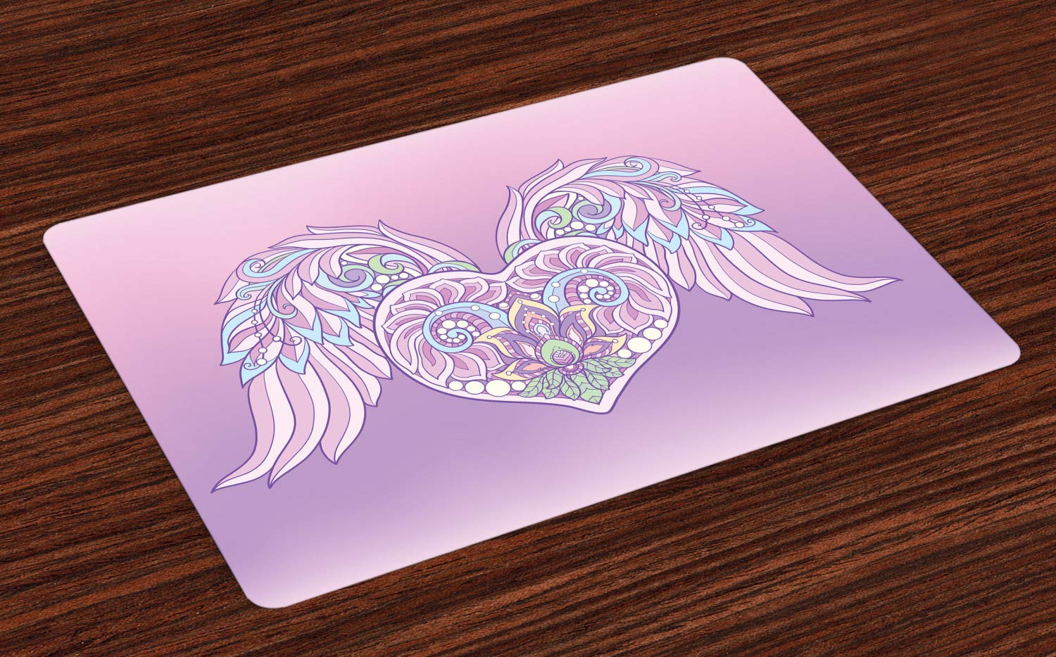 Ambesonne Angel Wings Placemats Set of 4 - Boho Pastel Heart & Feather Wings Design, Washable Fabric Table Mats for Dining, Wedding, Anniversary - Standard Size (Pale Pink & Lavender) | Perfect for Romantic Dinners, Bridal Showers & Home Decor
