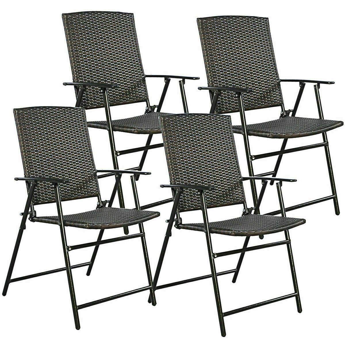 Set of 4 Folding Patio Chairs - Portable Outdoor Furniture for Camping, Garden, Pool & Beach - Weather Resistant Steel Frame with Rattan Design - Brown - Perfect for Backyard BBQs, Picnics & Outdoor Relaxation