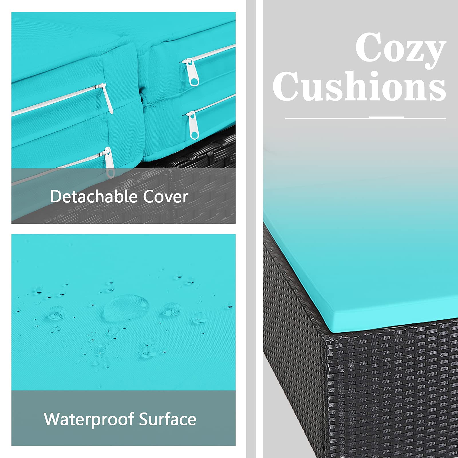 Outdoor Rattan Daybed with Comfortable Cushions & Pillows - Patio Loveseat Sofa Set with Metal Frame - Wicker Sunbed for Poolside, Garden, Porch, Backyard or Living Room - Turquoise Furniture for Relaxing & Lounging