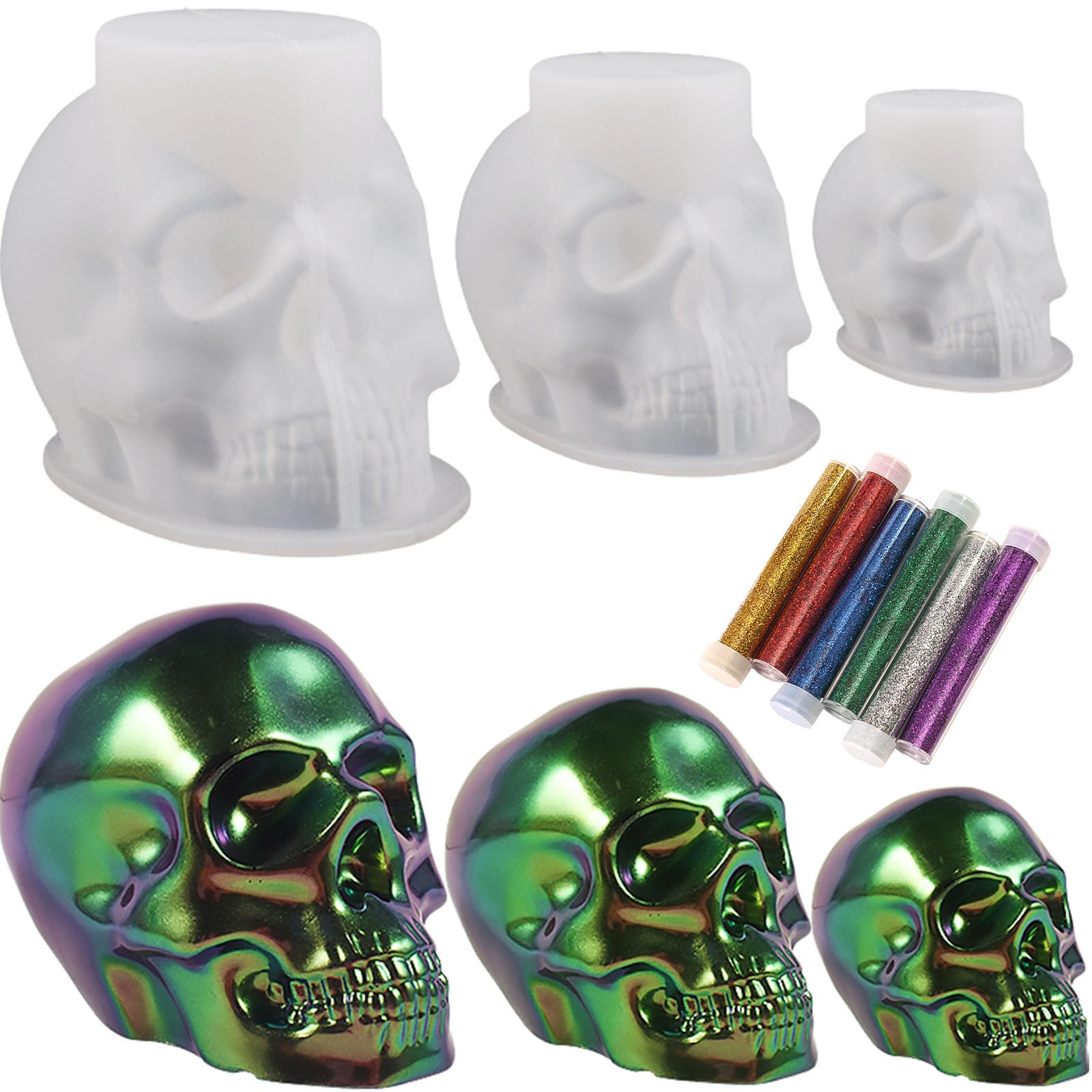 3Pcs Halloween Skull Silicone Molds for Resin & Candle Wax Casting - DIY 3D Skull Molds Set in Different Sizes - Perfect for Halloween Decorations, Gifts & Home Crafts (Ideal for Candle Making, Resin Art & Party Decor)