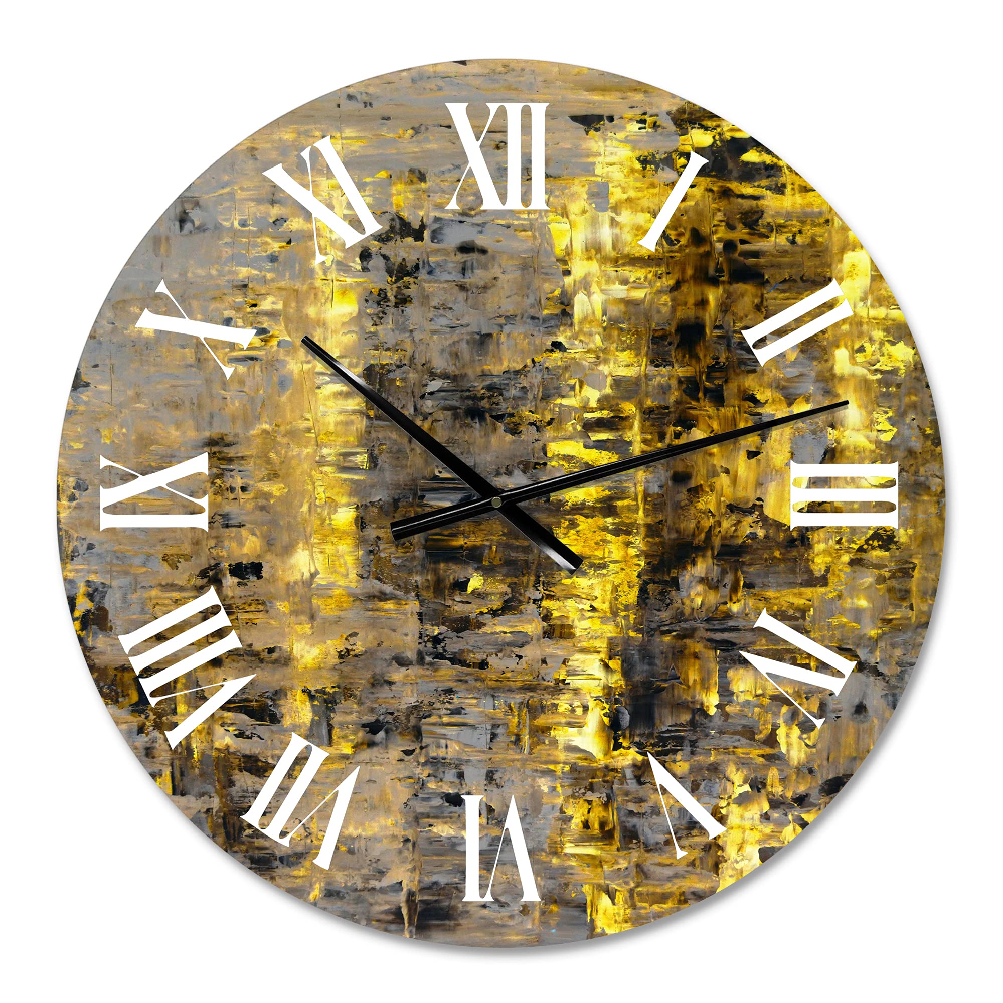 Modern Abstract Wall Clock - Yellow Meets Grey Fractal Art Design | Large Contemporary Wall Decor for Living Room, Bedroom & Office | Silent Non-Ticking Home Décor