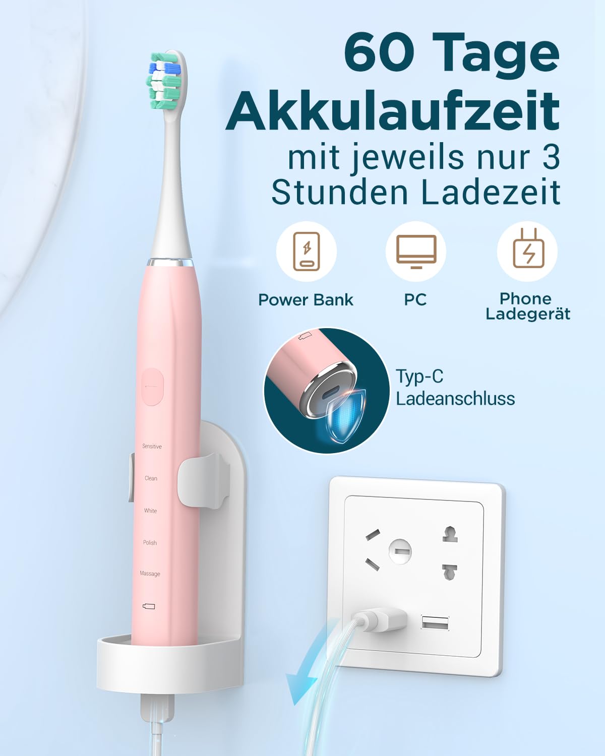 Rechargeable Electric Toothbrush with 6 Brush Heads - Sonic Toothbrush with 5 Cleaning Modes & 2-Minute Timer, Includes Travel Case | Perfect for Home Use, Travel & Daily Oral Care