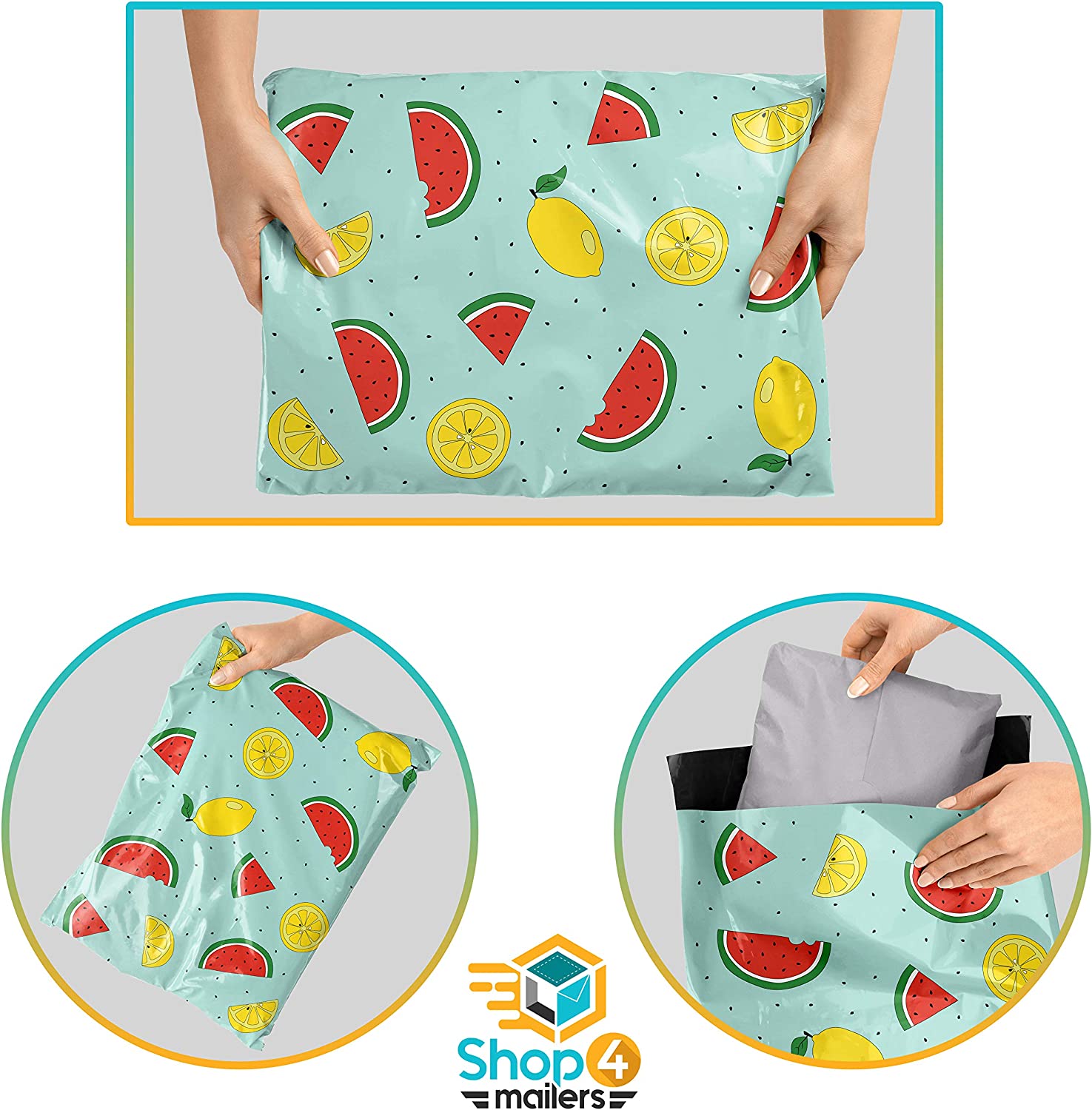 10 x 13 Inch Glossy Watermelon & Lemon Print Poly Mailer Envelopes - 2 Mil Thick Self-Sealing Shipping Bags for Ecommerce, Subscription Boxes and Small Business Packaging