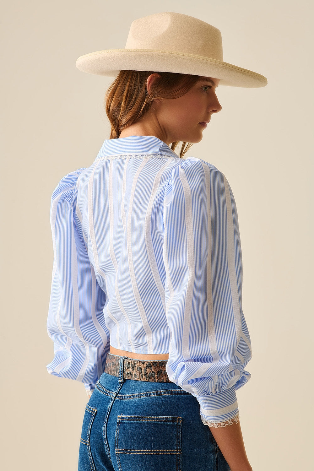 Blue and White Striped Wrap Shirt with Lace Details - Elegant Casual Blouse for Women | Perfect for Office, Date Night & Summer Outfits