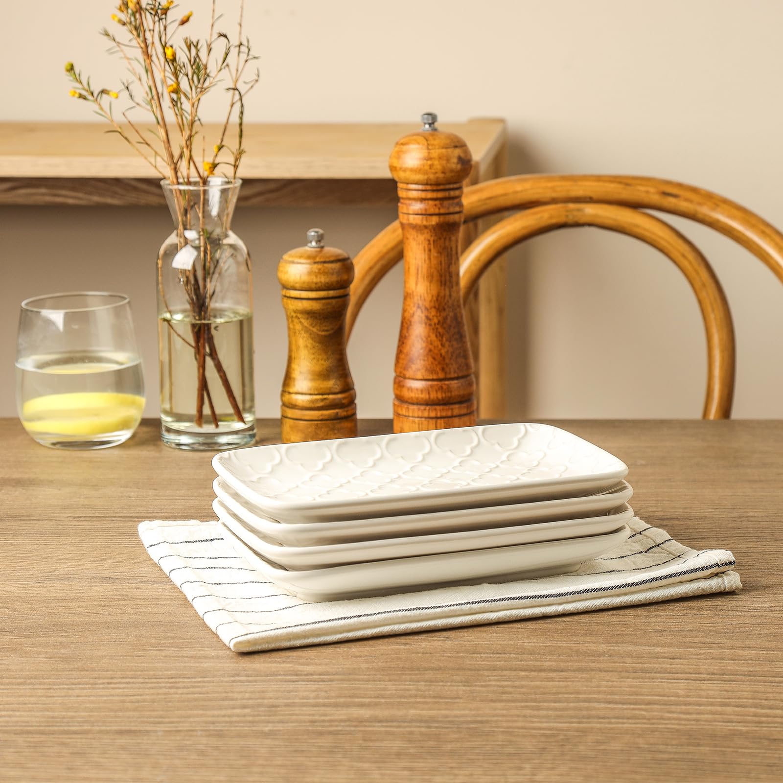 Sureasy 8 Inch Rectangular Ceramic Salad Plates - Set of 4 White Embossed Porcelain Appetizer Dishes for Dessert, Sushi & Small Serving | Perfect for Dinner Parties, Entertaining & Home Decor