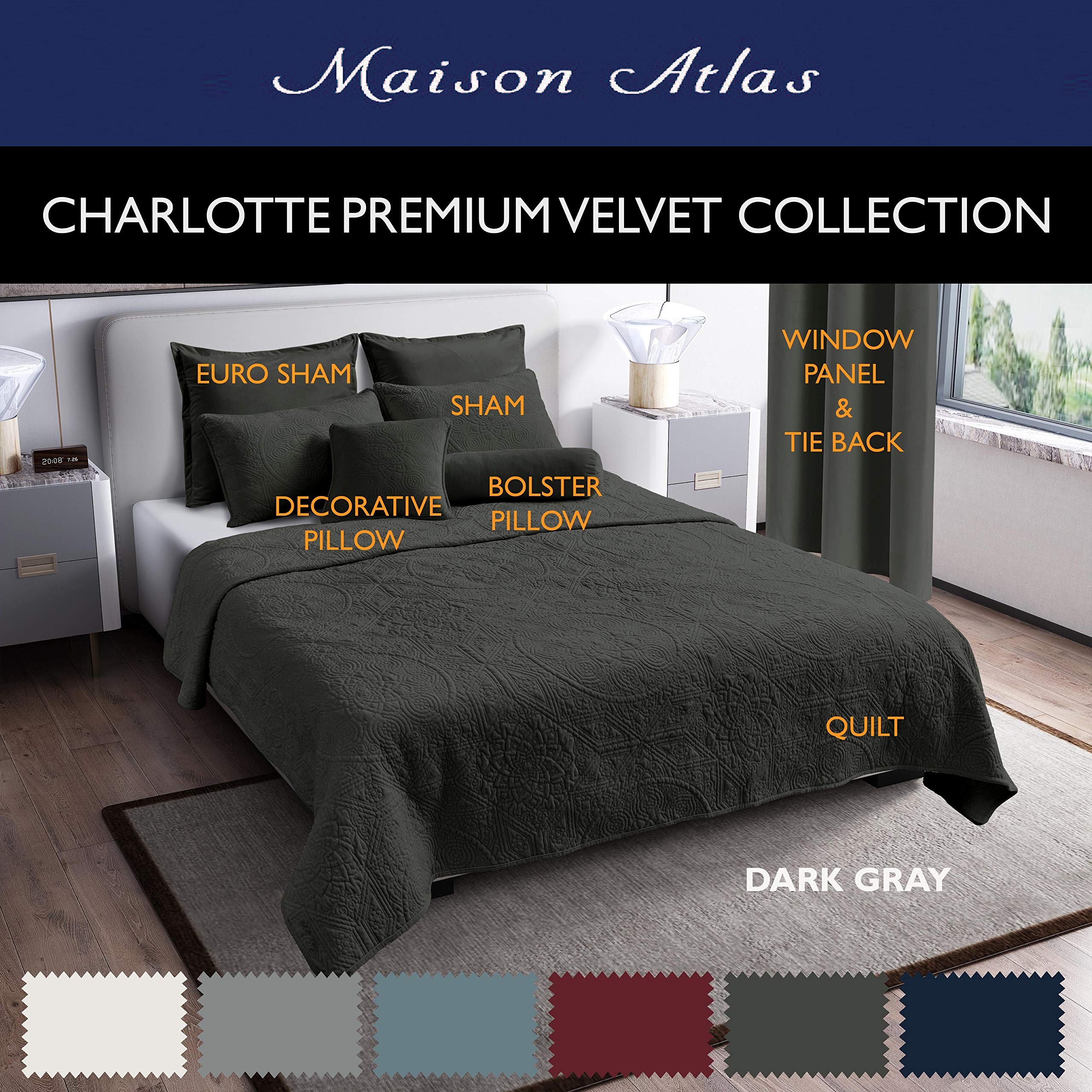 Luxury Velvet Quilt Set 7-Piece King Size - Premium Heavyweight Velvet Bedding with Cotton Backing & Batting - Dark Gray Comforter Set for Master Bedroom Elegance