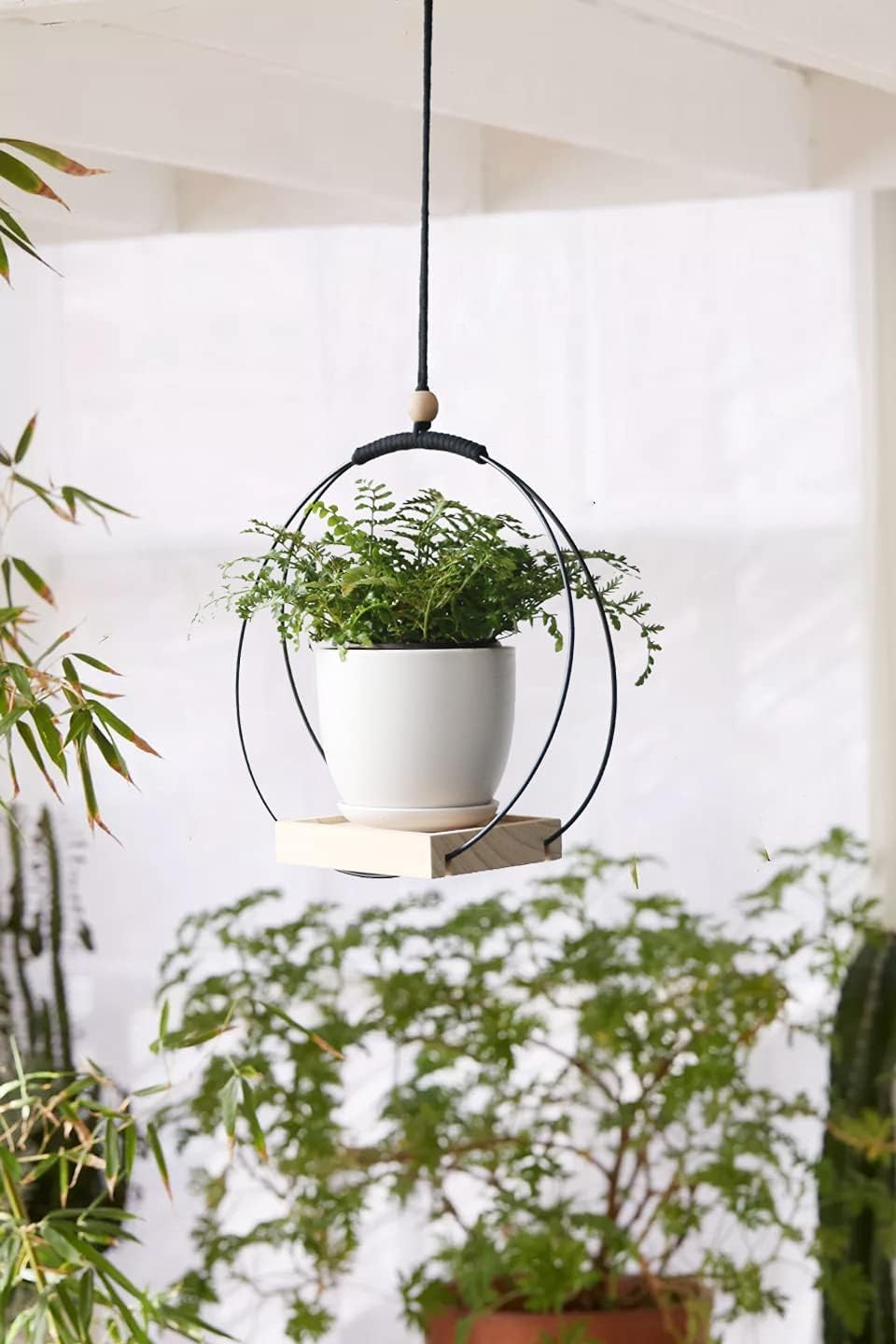 2 Pack Modern Macrame Hanging Planter Shelf with Wood Base - Indoor Outdoor Wall Ceiling Window Flower Pot Holder - Boho Home Décor for Living Room, Bedroom, Balcony - Black (Planter/Plants Not Included)
