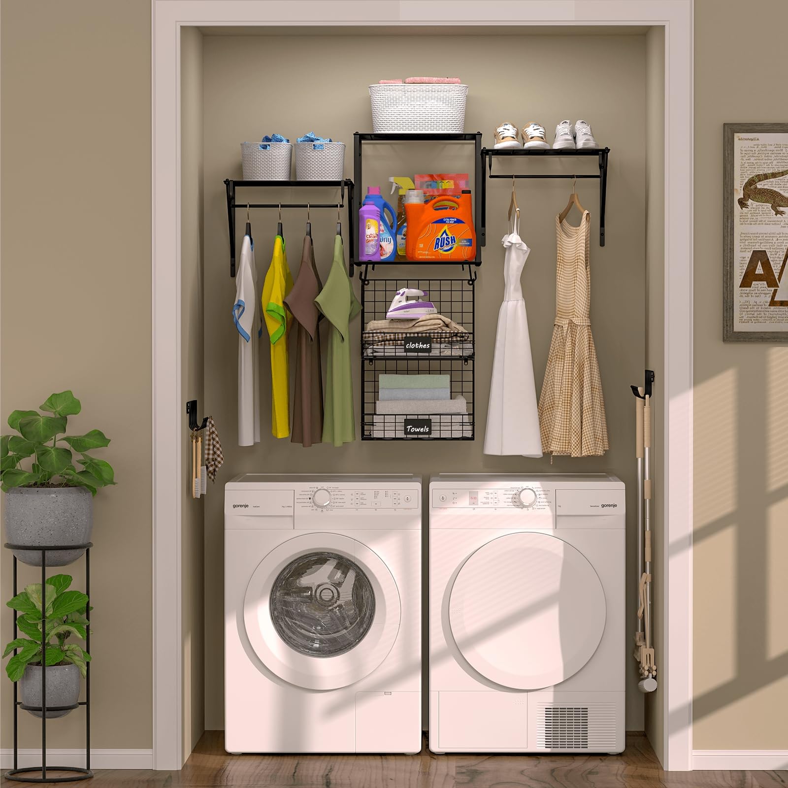 3 Pack Laundry Room Shelves with Wire Storage Baskets - Over Washer and Dryer Organizer with Hanging Rods & Hooks - Space Saving Laundry Storage Solution for Small Spaces, Closets and Utility Rooms