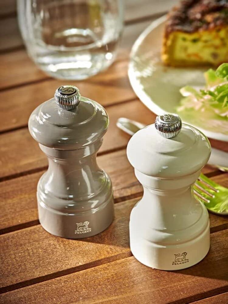 Peugeot Bistro 4-Inch Adjustable Salt Grinder - Stainless Steel & Beechwood Manual Salt Mill with Pre-Filled Rock Salt - Sustainable Elegant Kitchenware for Cooking, Dining & Gifting (Smoked Grey)