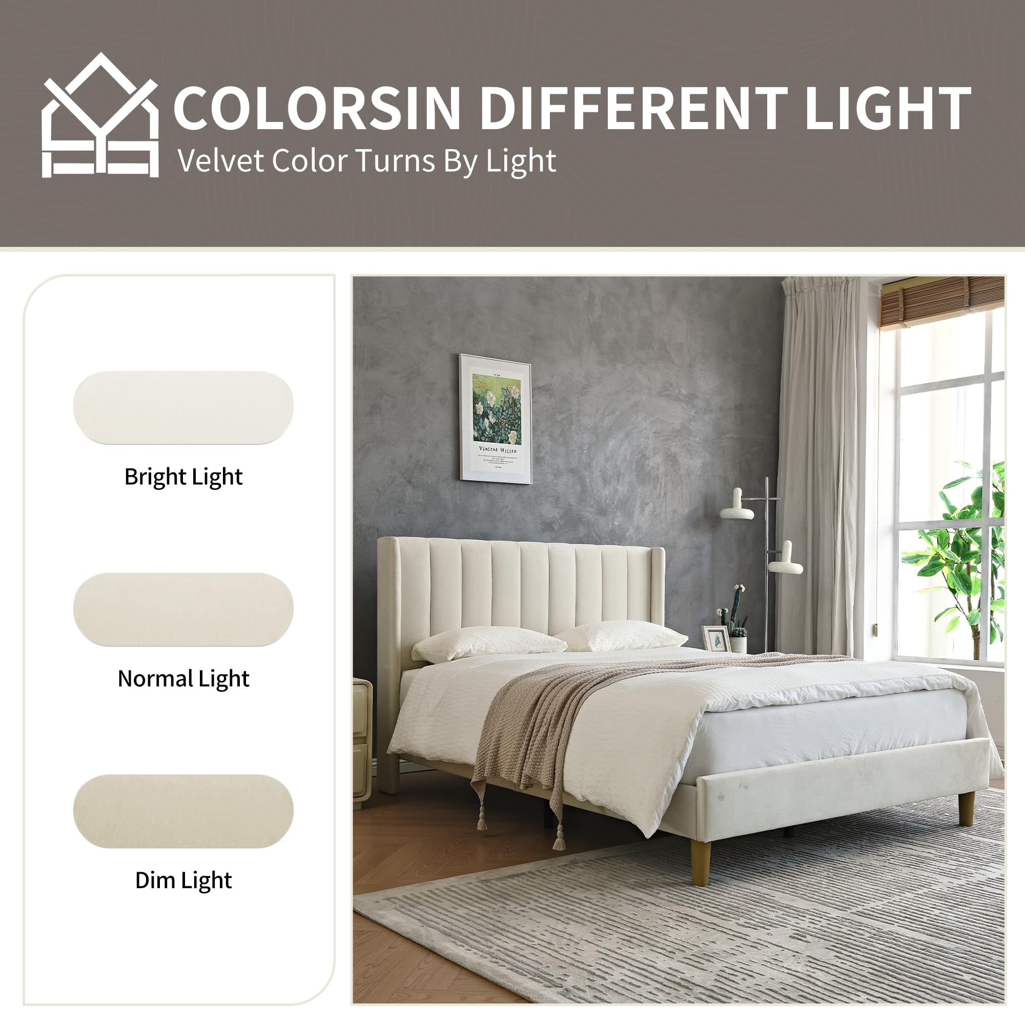 Luxury Velvet Upholstered Platform Bed Frame - Full Size, Modern Geometric Winged Headboard, Quiet & Easy Assembly, Cream Fabric - Perfect for Master Bedroom, Guest Room, or Apartment Decor