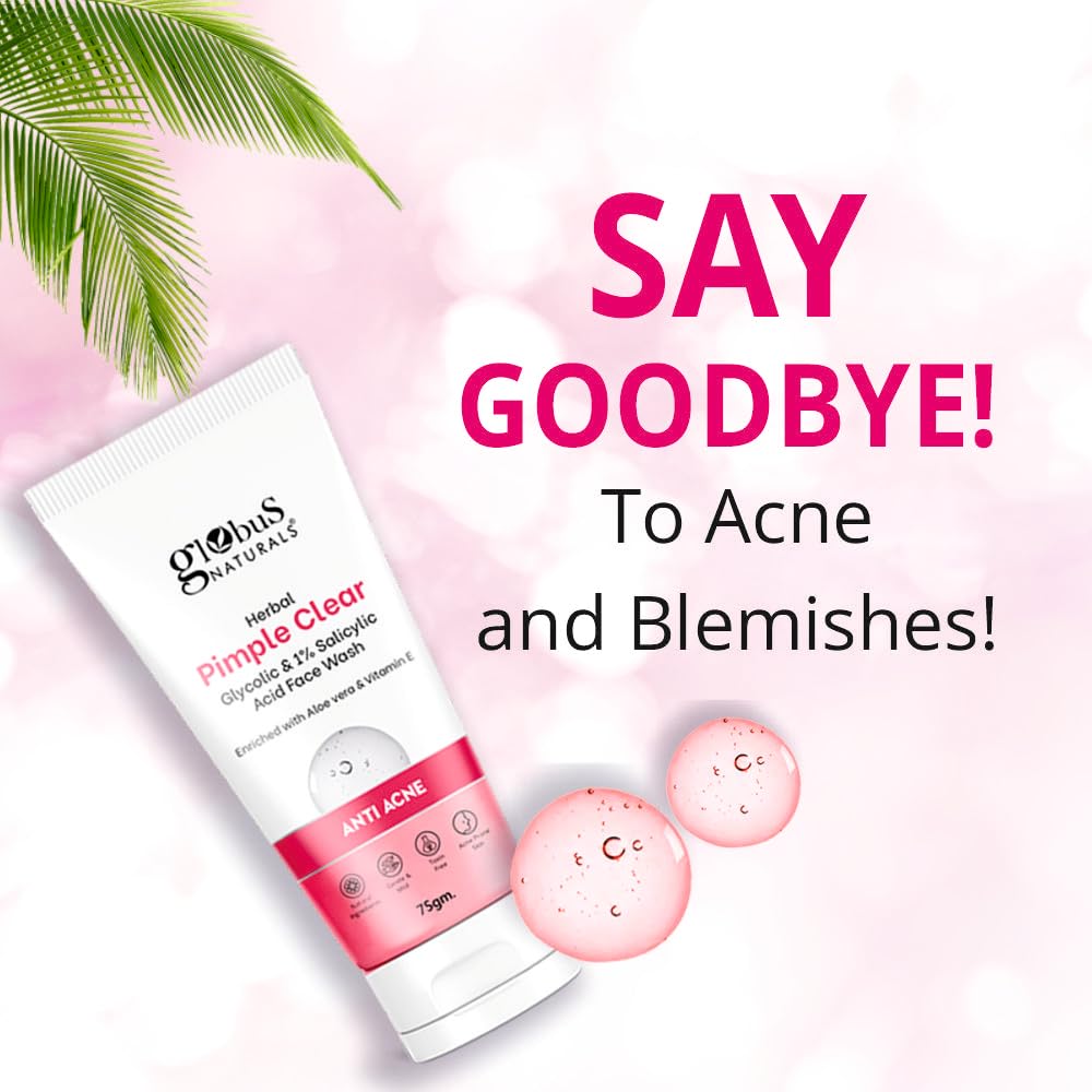 Globus Naturals Glycolic & 1% Salicylic Acid Acne Face Wash with Orange & Almond Extract - Oily & Acne Prone Skin Treatment - 75g (Pack of 3) - Deep Cleansing for Clear Skin, Daily Use for Teens & Adults