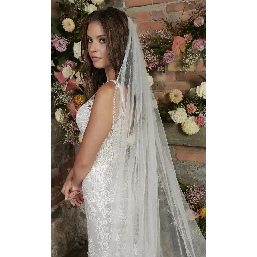 Elegant Lace Bridal Veil V2299C - Cathedral Length Wedding Veil with Beaded Edging for Bride, Perfect for Church Ceremonies & Romantic Photos