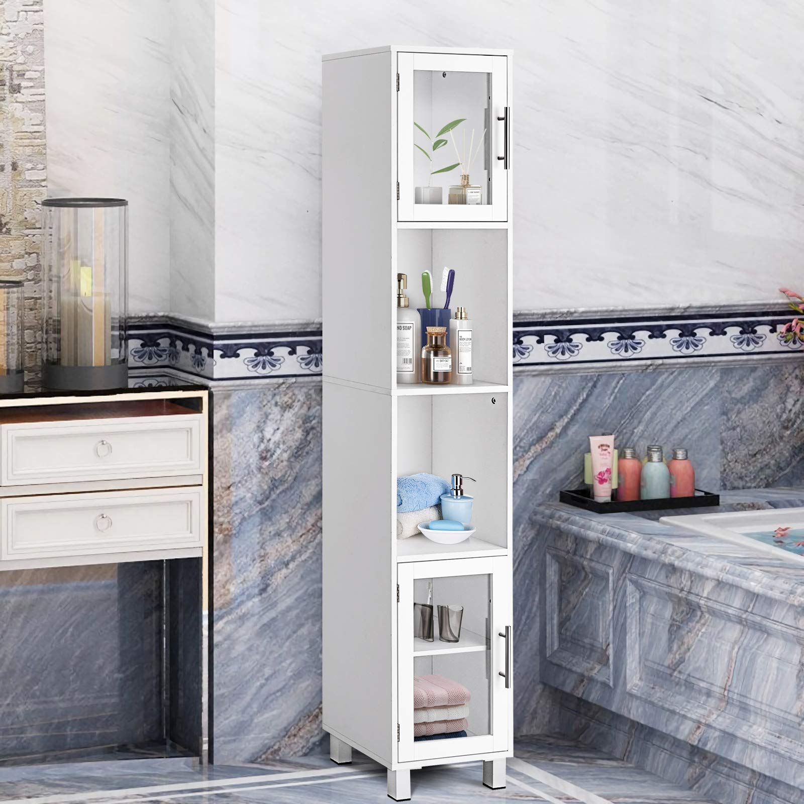 GLACER White Bathroom Storage Cabinet - 71 Inch Tall Kitchen Floor Cabinet with 2 Open Shelves & Tempered Glass Doors - 13x12x71 Inches Organizer for Bath Towels, Toiletries & Cleaning Supplies - Perfect for Small Bathrooms, Laundry Rooms & Kitchen Storage