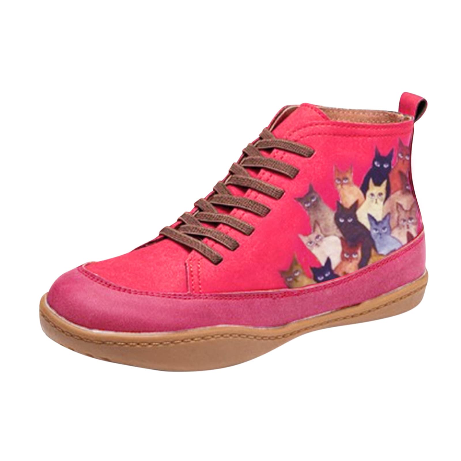 Women's Ankle Booties - Comfortable Flat Casual Short Boots with Cat Pattern & Lace-Up Design | Fashion Cat Printed Shoes for Everyday Wear, Office & Outings