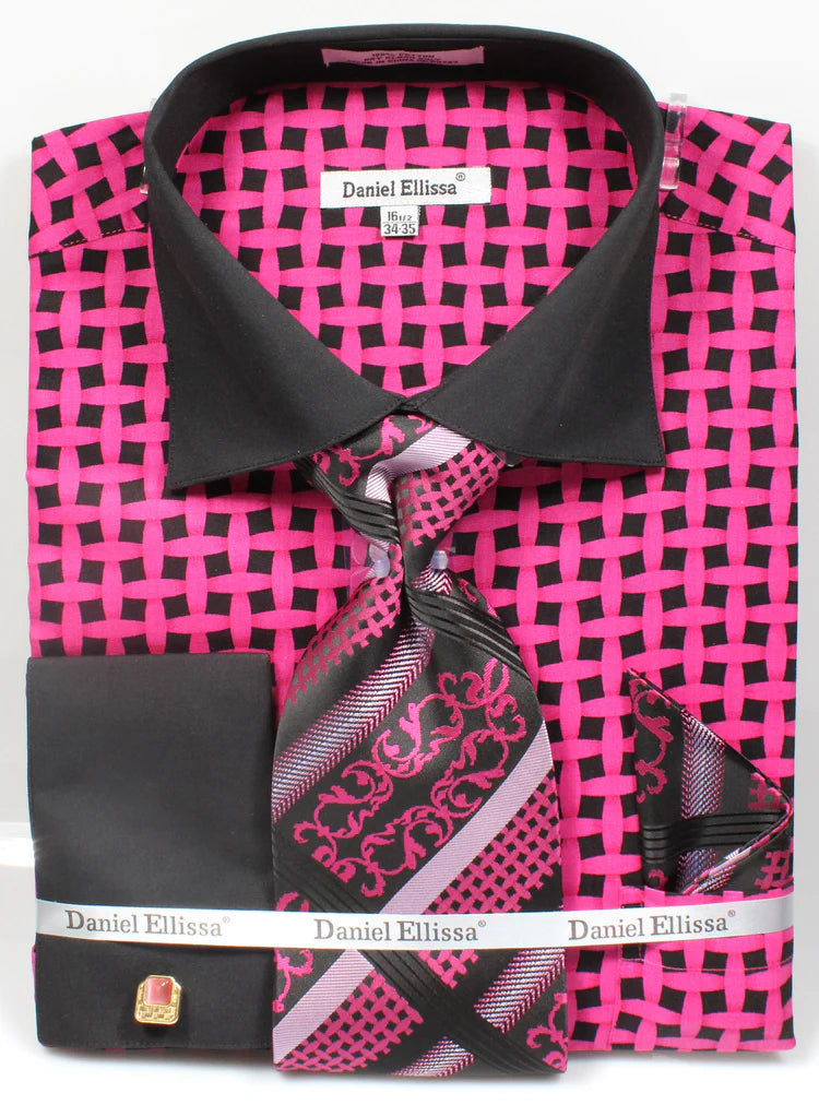 Black & Fuchsia French Cuff Checkered Cotton Dress Shirt with Tie, Cufflinks & Pocket Square - Perfect for Weddings, Business Meetings & Formal Occasions
