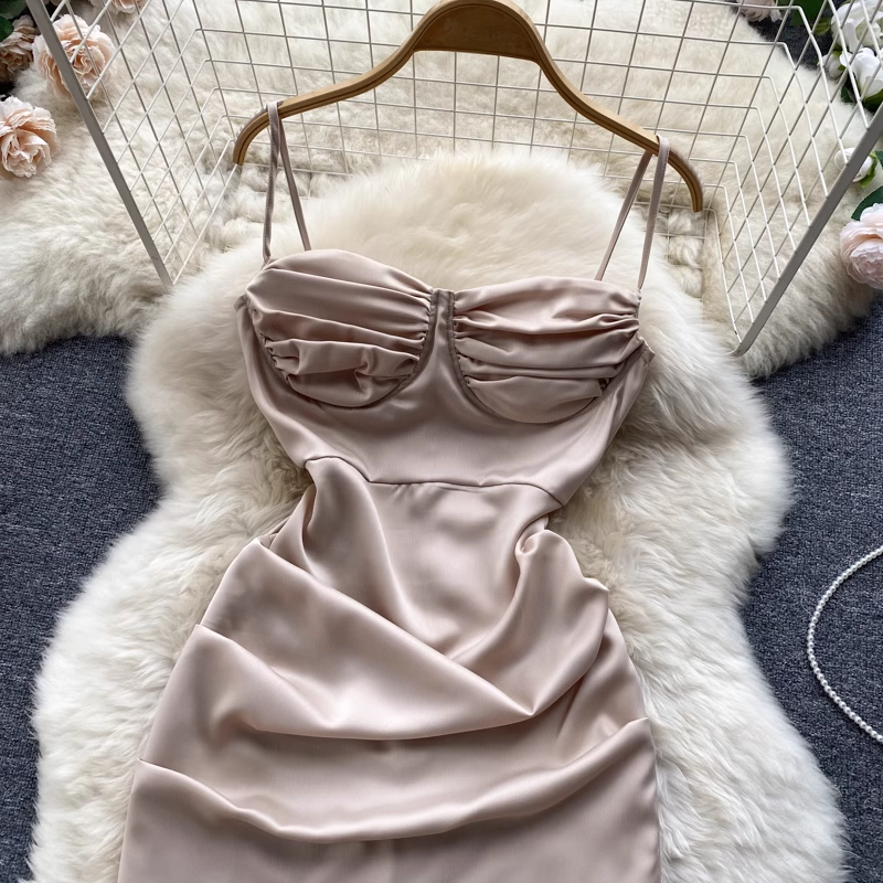 French Style Vintage Satin Spaghetti Strap Skirt Split Pleated Sexy Dress - Elegant Evening Gown for Parties, Dates & Special Occasions