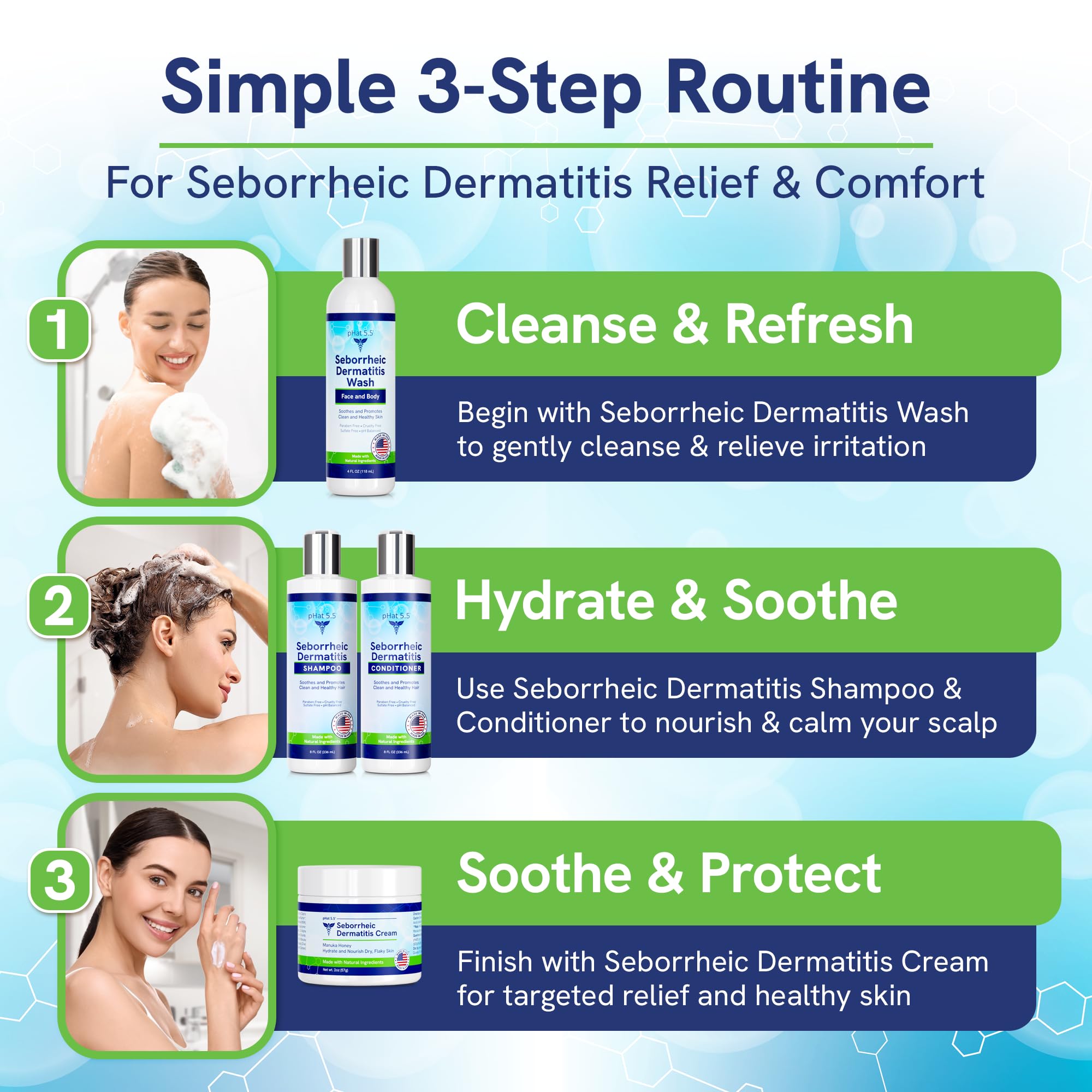 pHat 5.5 Seborrheic Dermatitis Relief Set - Hypoallergenic Face & Body Wash, Itchy Scalp Shampoo & Conditioner, Soothing Moisturizing Cream for Sensitive Skin | Gentle Skincare for Eczema, Psoriasis & Dry Skin Relief at Home
