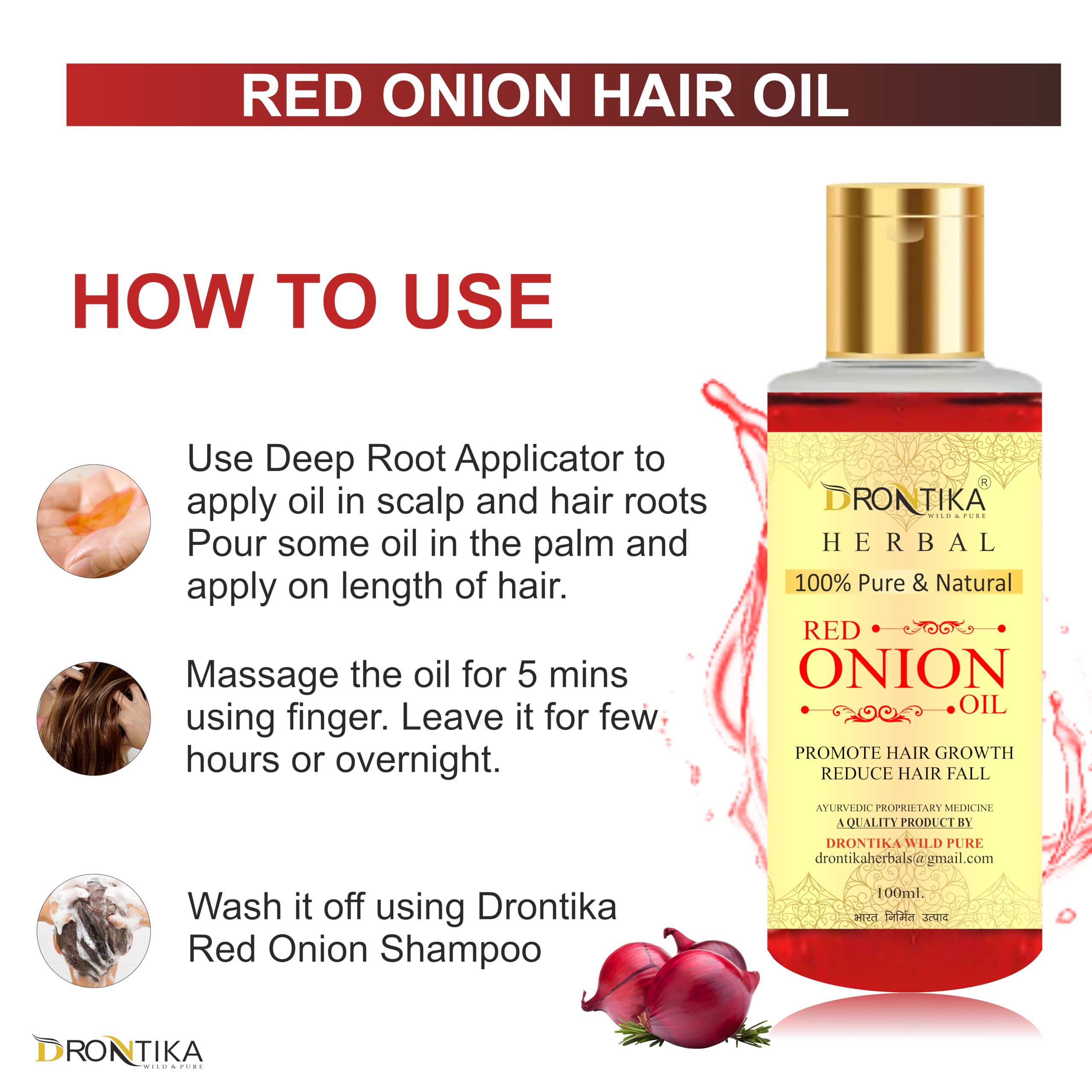 Drontika 100% Pure & Natural Red Onion Oil, Curry Leaves & Fenugreek Oil, Kalonji Oil - Hair Growth Treatment Pack of 3 (300ml) for Thicker, Longer & Healthier Hair - Perfect for Daily Hair Care & Scalp Nourishment
