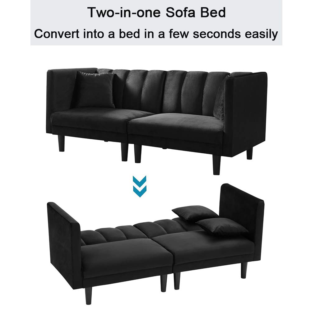 SLEERWAY Velvet Futon Sofa Bed with 2 Pillows - 3-Position Adjustable Modern Sleeper Sofa - Convertible Small Loveseat for Living Room, Apartment, Dorm - Soft Black Velvet Fabric - Perfect for Guest Bed, Lounge & Small Spaces
