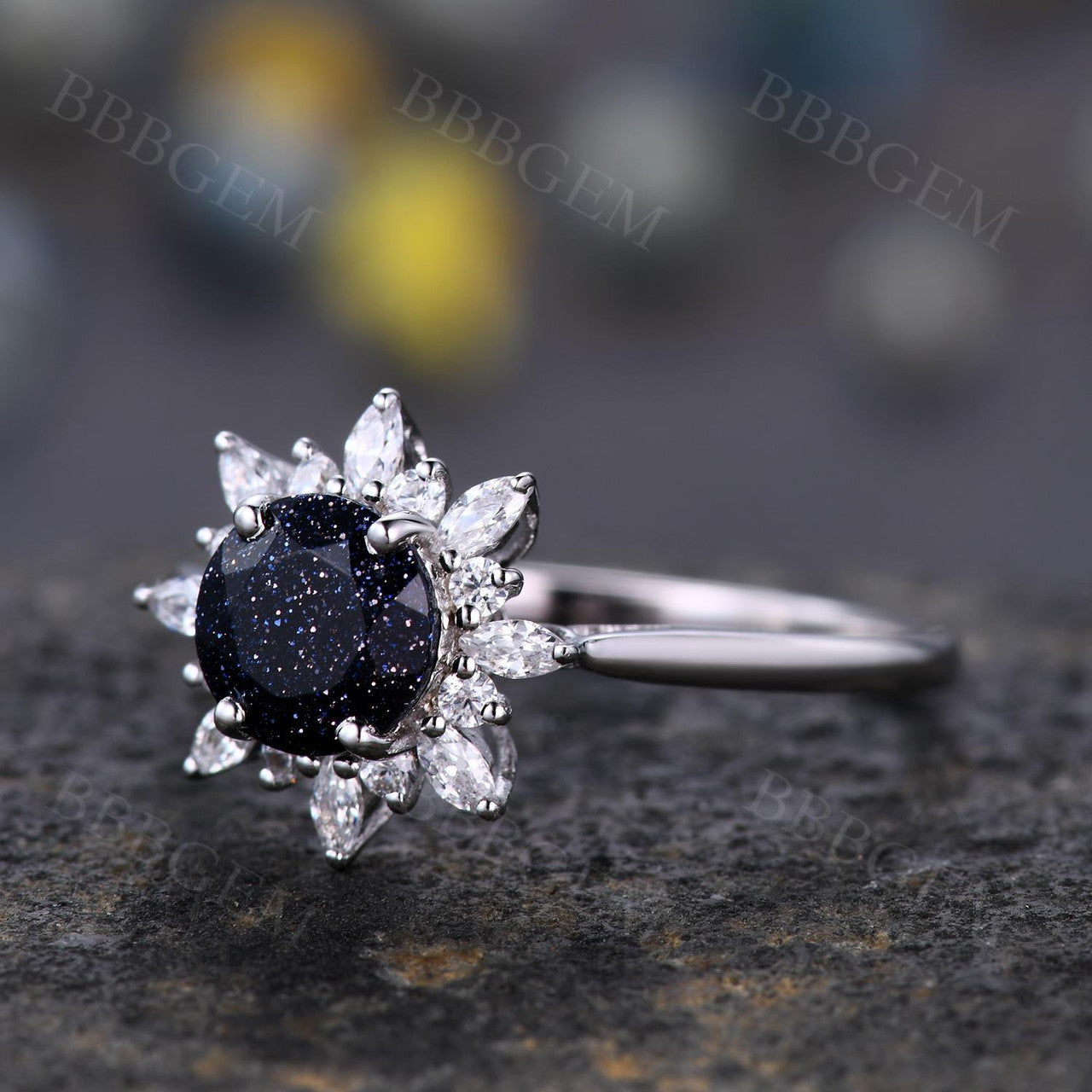 6.5mm Round Cut Blue Sandstone Engagement Ring - White Gold Marquise Moissanite Halo Ring for Women | Wedding, Proposal, Anniversary Gift Idea