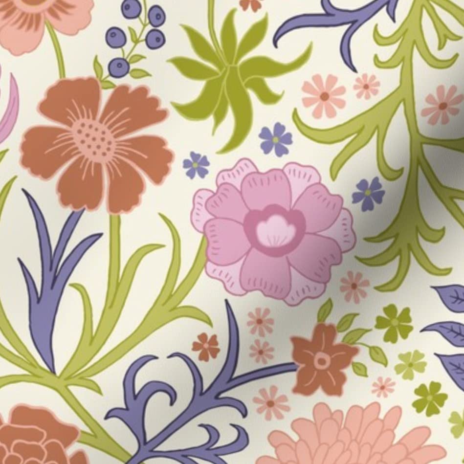 Ornate Floral Pink Flowers Spring Hand Drawn Lavender Easter William Printed Denim Fabric by The Yard - Bottomweight Apparel, Home Decor & Upholstery Material - Perfect for DIY Dresses, Curtains & Throw Pillows