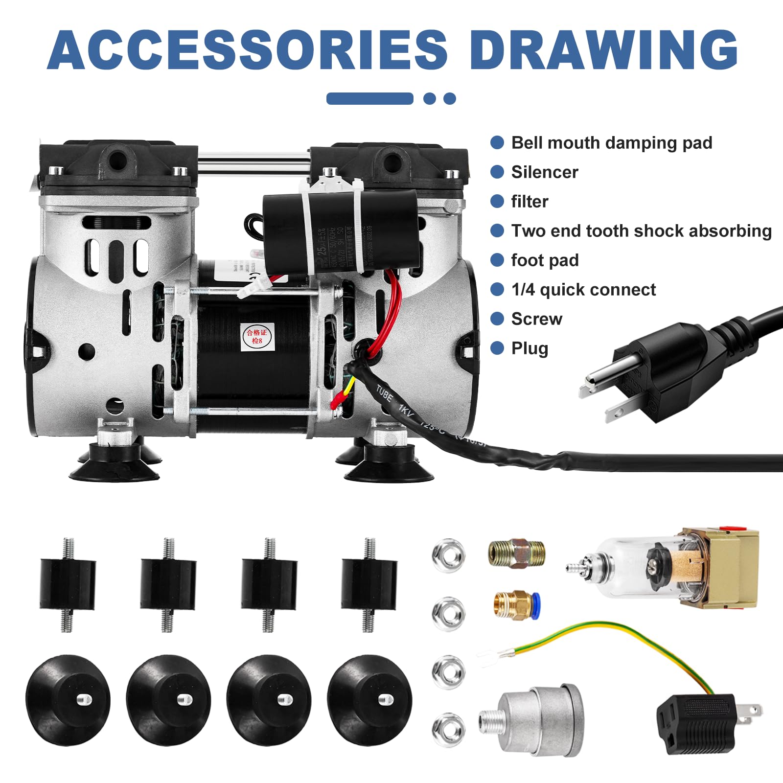 MXBAOHENG Oil-Free Vacuum Pump 2.47CFM 70L/min -91kPa Lab Piston Pump (110V) - Quiet Operation for Laboratories, Dental Offices & Scientific Research
