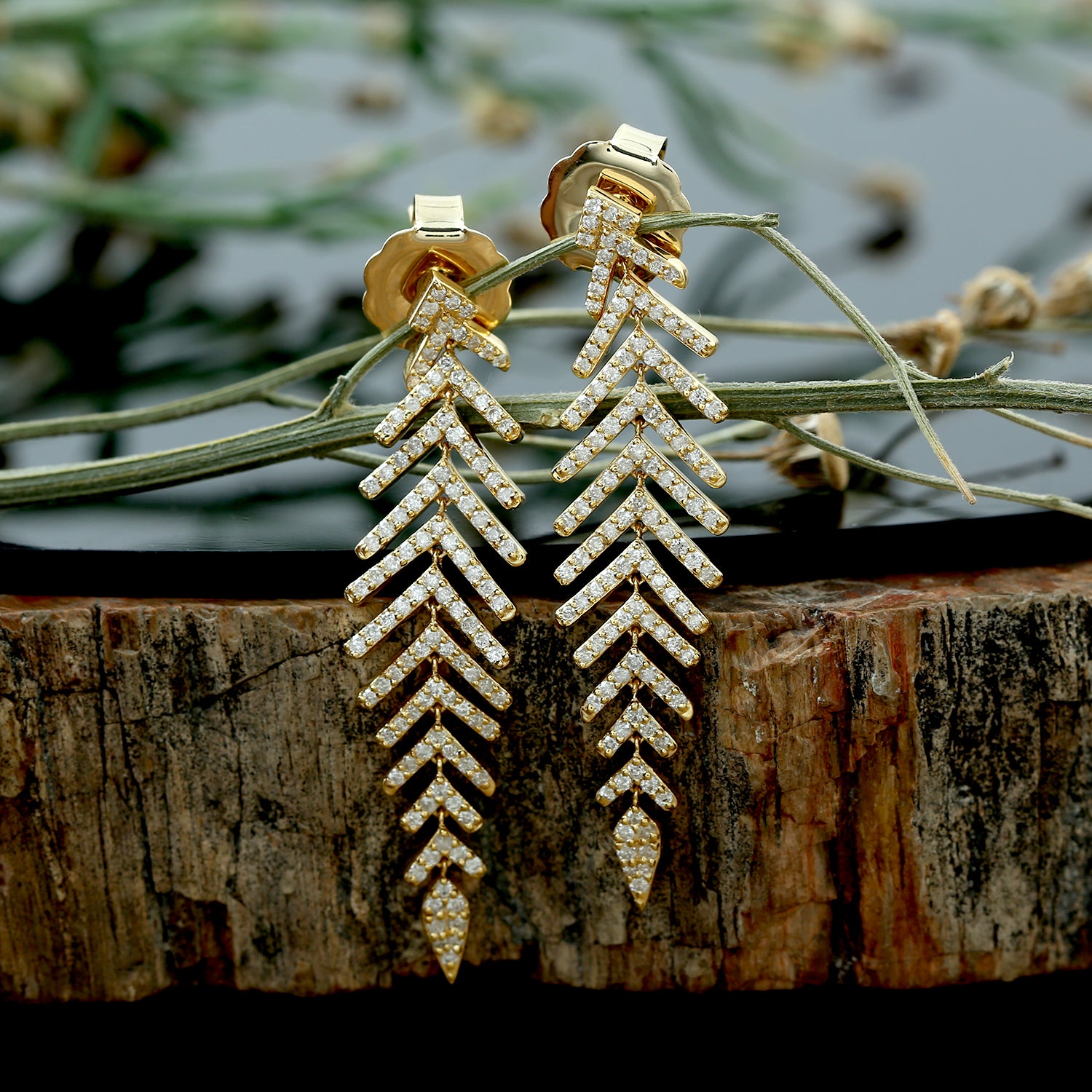 18K Yellow Gold Micro Pave Diamond Leaf Dangle Earrings for Women - Perfect for Weddings, Parties & Special Occasions