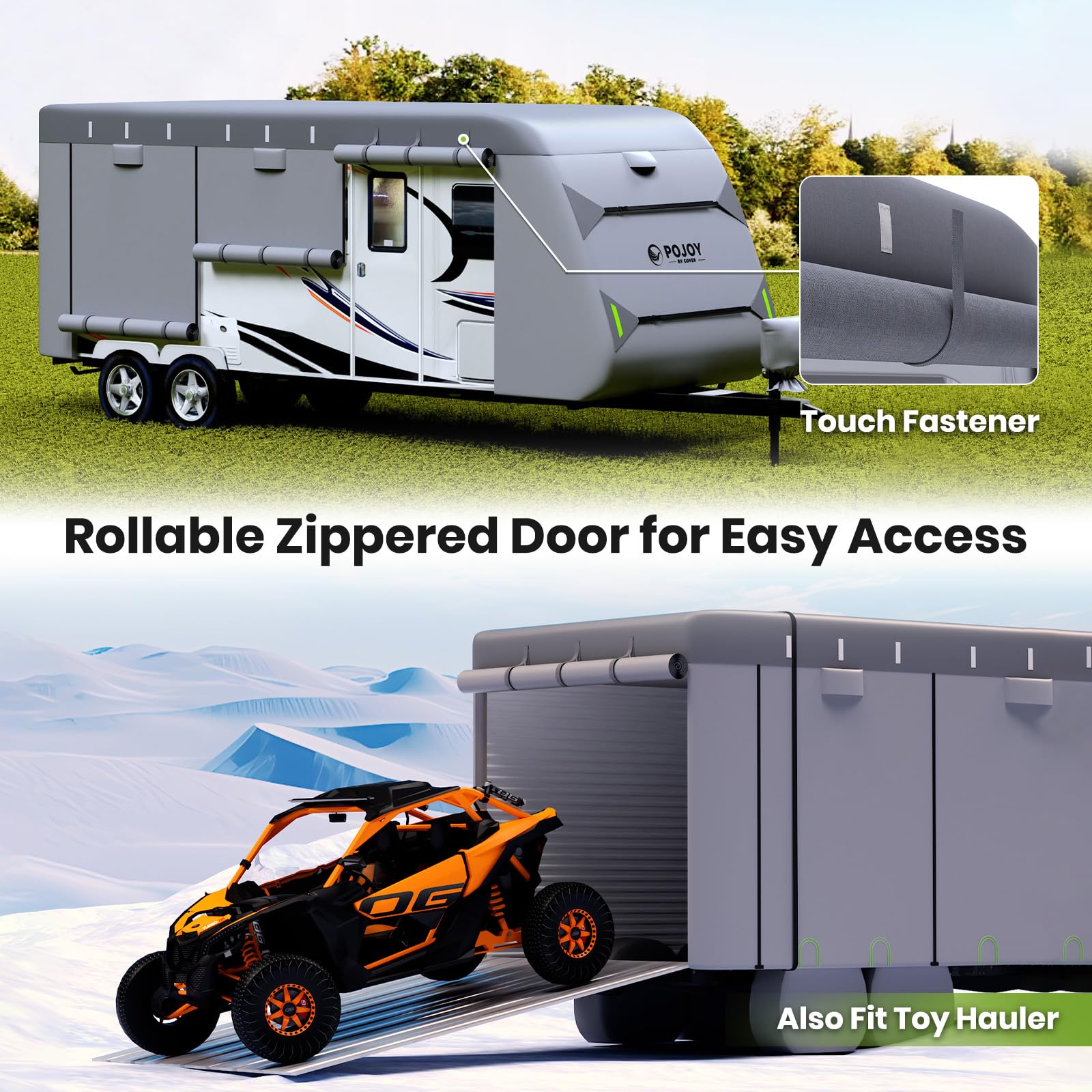 Heavy Duty Waterproof Windproof RV Travel Trailer Cover - 600D Oxford Fabric with Anti-Rip & UV Protection - Includes Tongue Jack Cover, Tire Covers & Gutter Covers - Fits 24'1