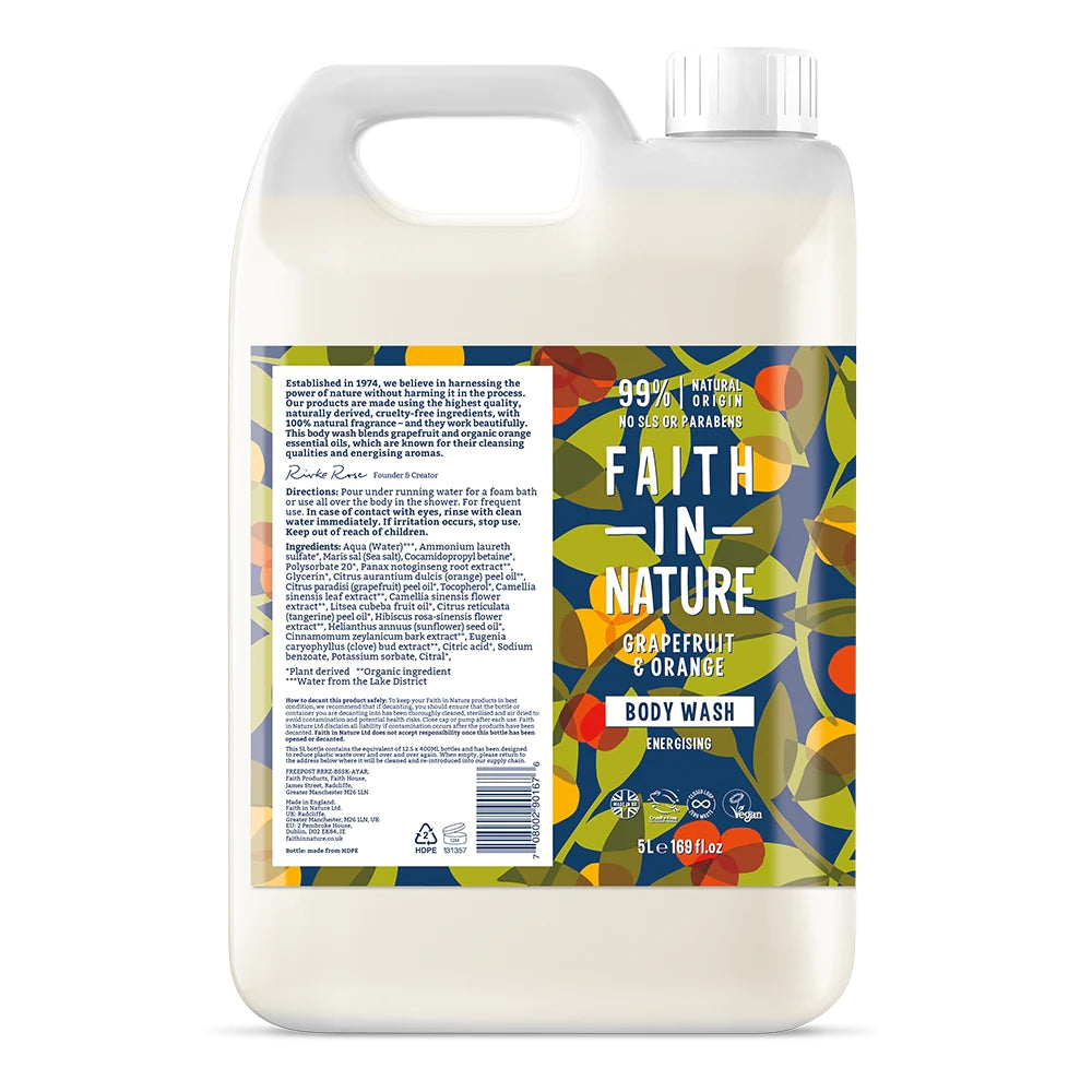 Faith In Nature Grapefruit & Orange Body Wash Refill 5L - Natural Citrus Scent, Vegan & Cruelty-Free - Perfect for Showers, Baths & Refilling Dispensers