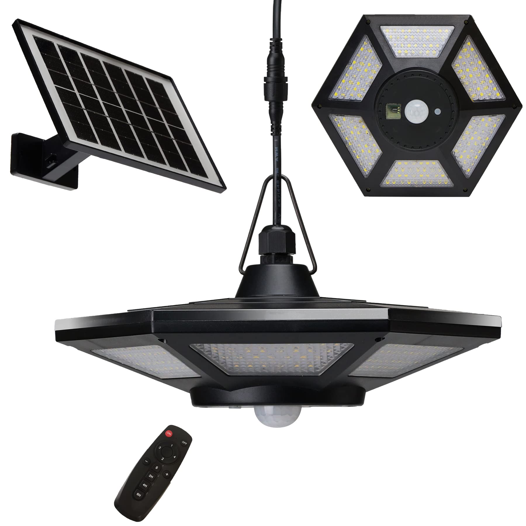 Solar Powered LED Ceiling Light - 1000 Lumen Hexagon Shed Light with Motion Sensor & Remote - 180 LED Indoor/Outdoor Solar Light for Chicken Coop, Workshop, Gazebo, Patio, Yard - Perfect for Home, Barn & Outdoor Lighting